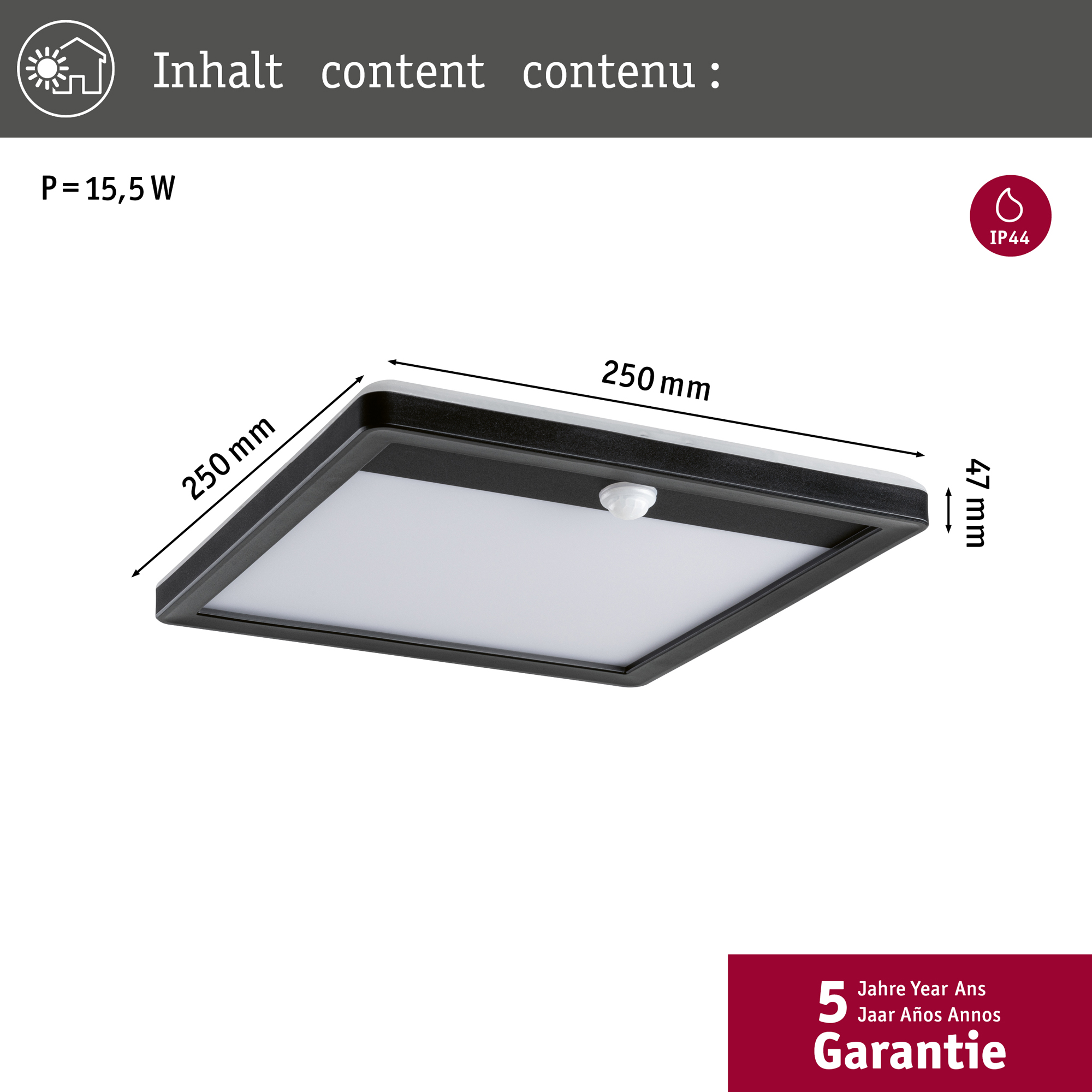 Fasad/Tak-belysning Paulmann Lamina Kvadrat med Skymningsstyrd rörelsedetektor IP44 230V
