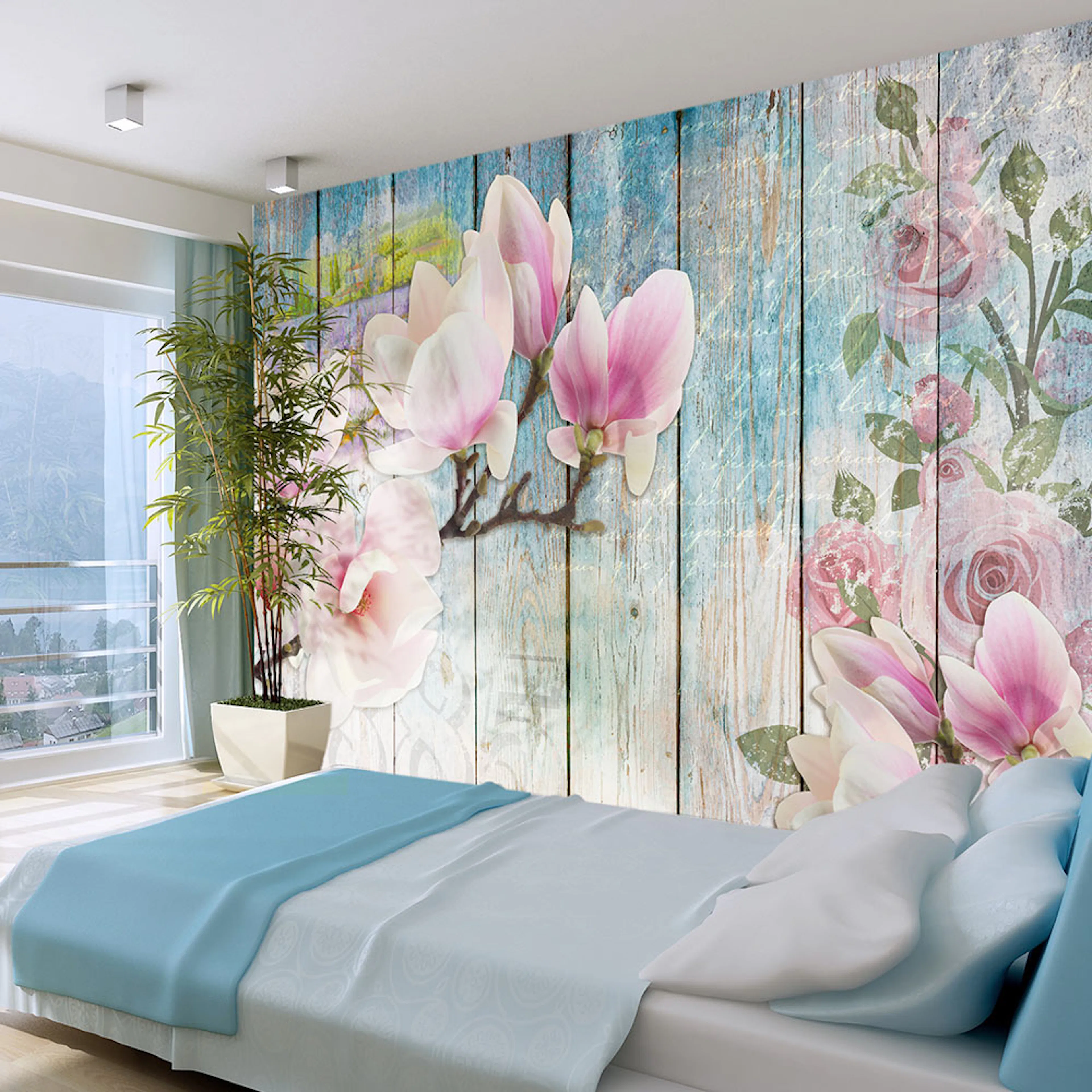 Fototapet Arkiio Pink Flowers On Wood