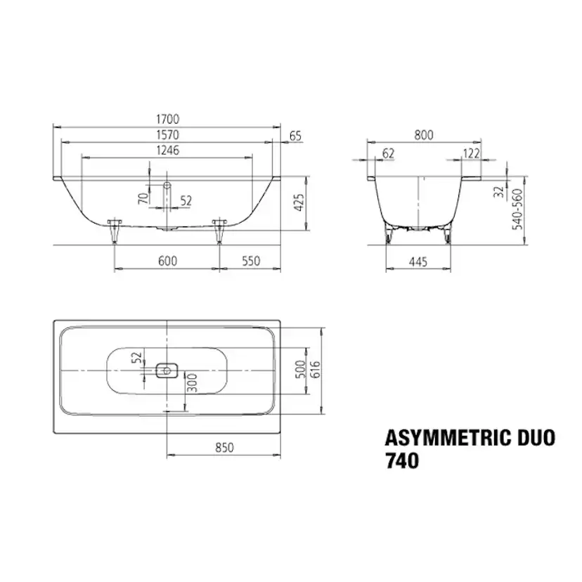 Inbyggnadsbadkar Kaldewei Assymetric Duo BxL: 800x1700 mm