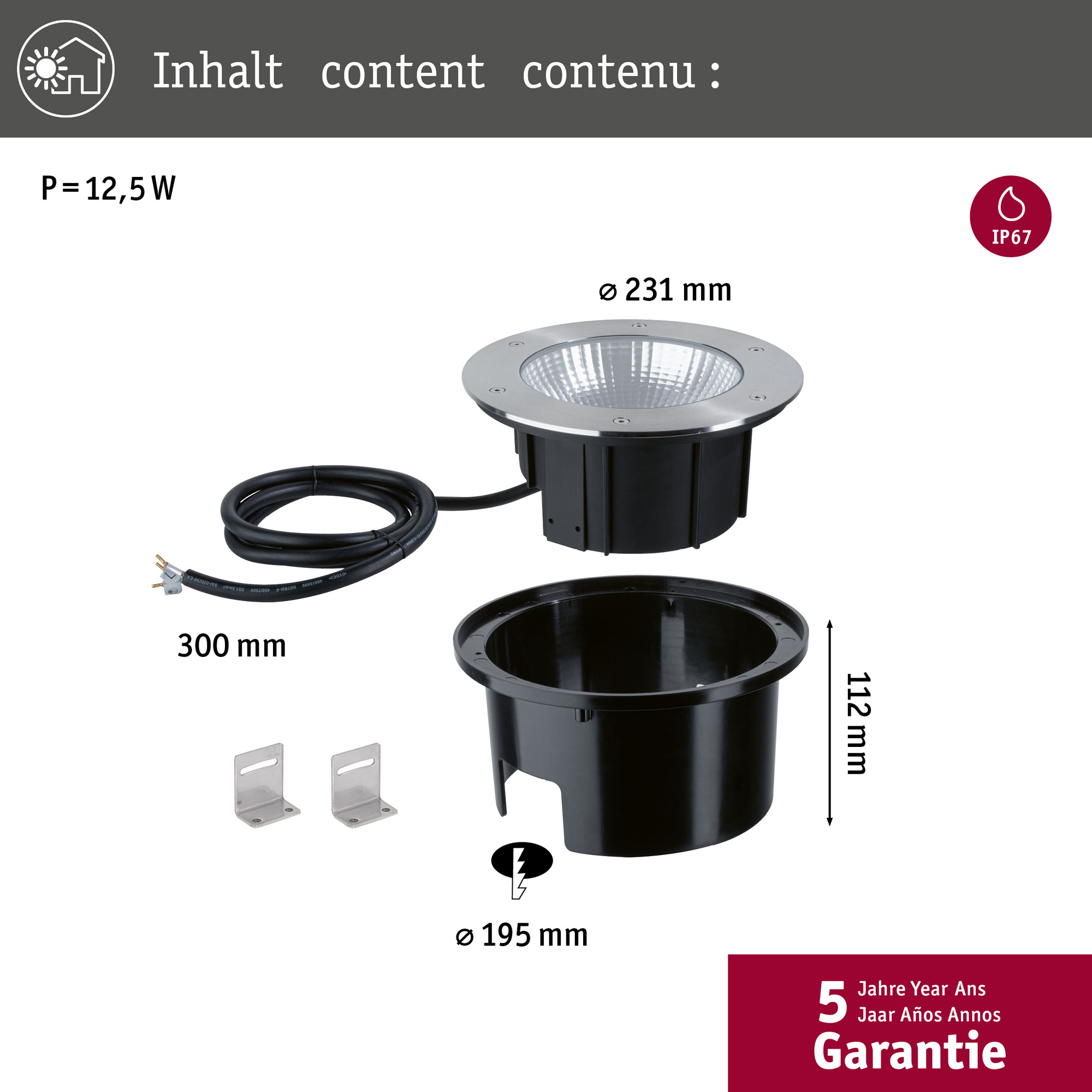 LED Infälld Markbelysning Paulmann Durea IP67 230V Diameter: 213 mm