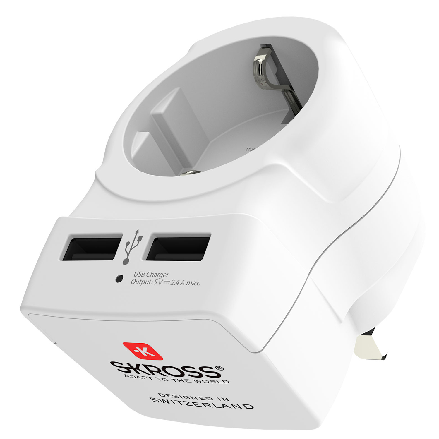 Reseadapter Skross Europa till UK med Dubbla USB-A 12W Jordad