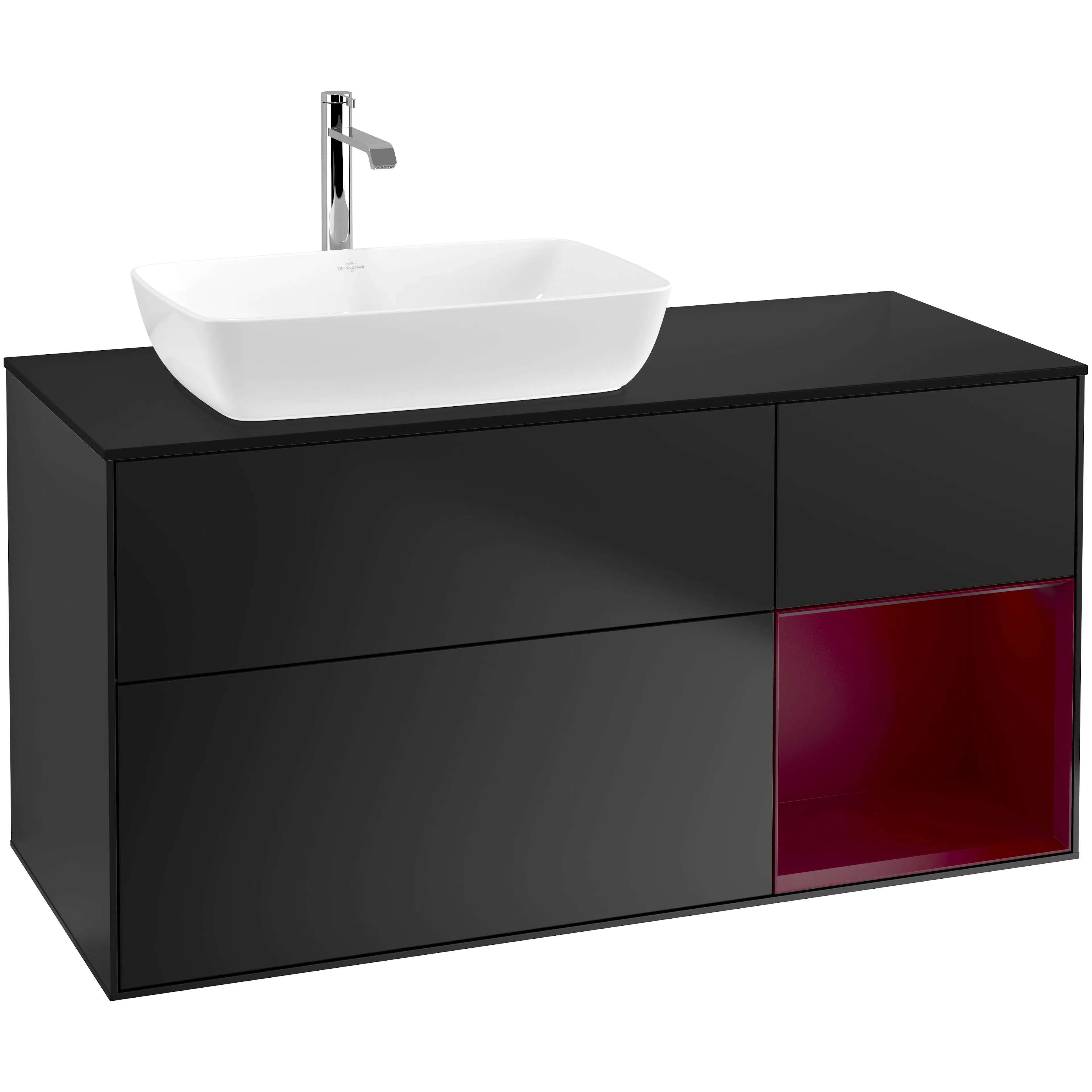 Tvättställsskåp Villeroy & Boch Finion F812HBPD Svart Mattlack/Pion Mattlack med bänkskiva i Mattsvart glas, Lucka Höger Med Blandarhål utan Väggbelysning