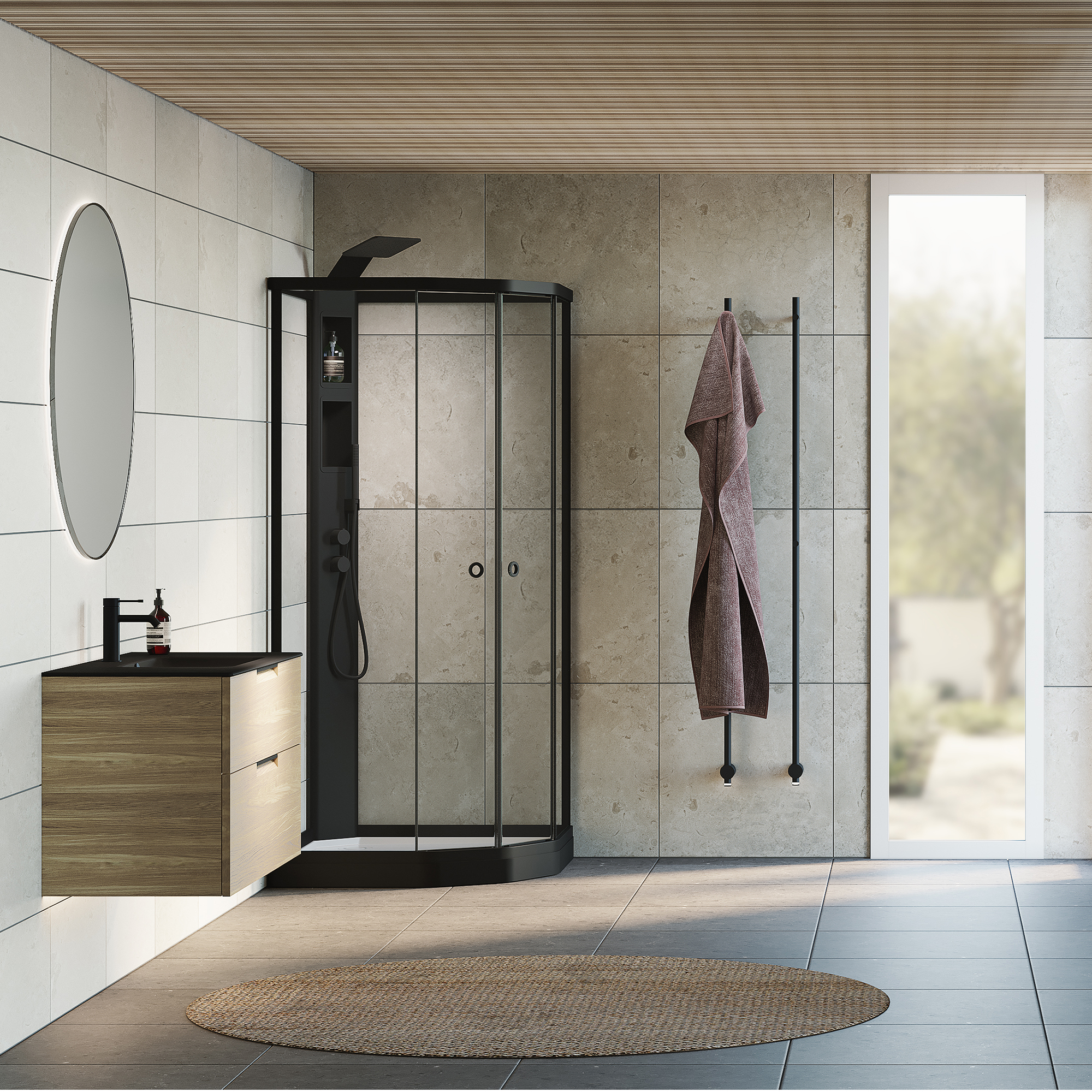 Flow kabin Semi Infälld Bland 91x81 Svart Klar/Vit bakvägg 910x810 mm, Svart Profil, Klarglas/Vit bakvägg