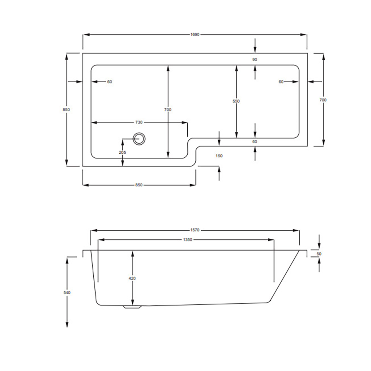 Quantum Showerbath Carr 1700x700/850mm Carronite®, Vänster