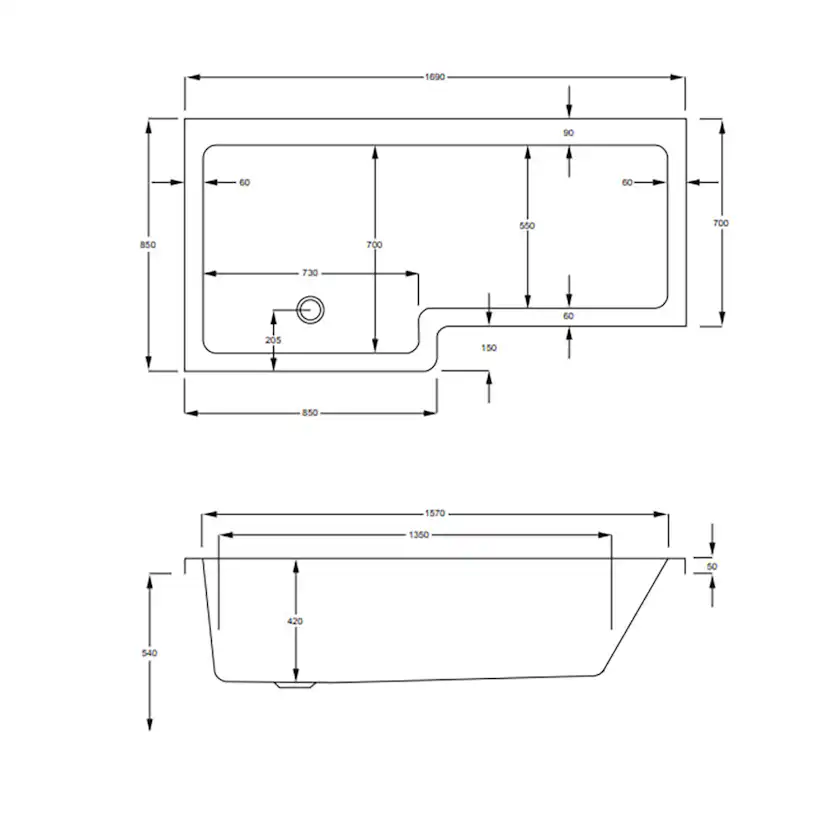 Quantum Showerbath Carr 1700x700/850mm Carronite®, Vänster