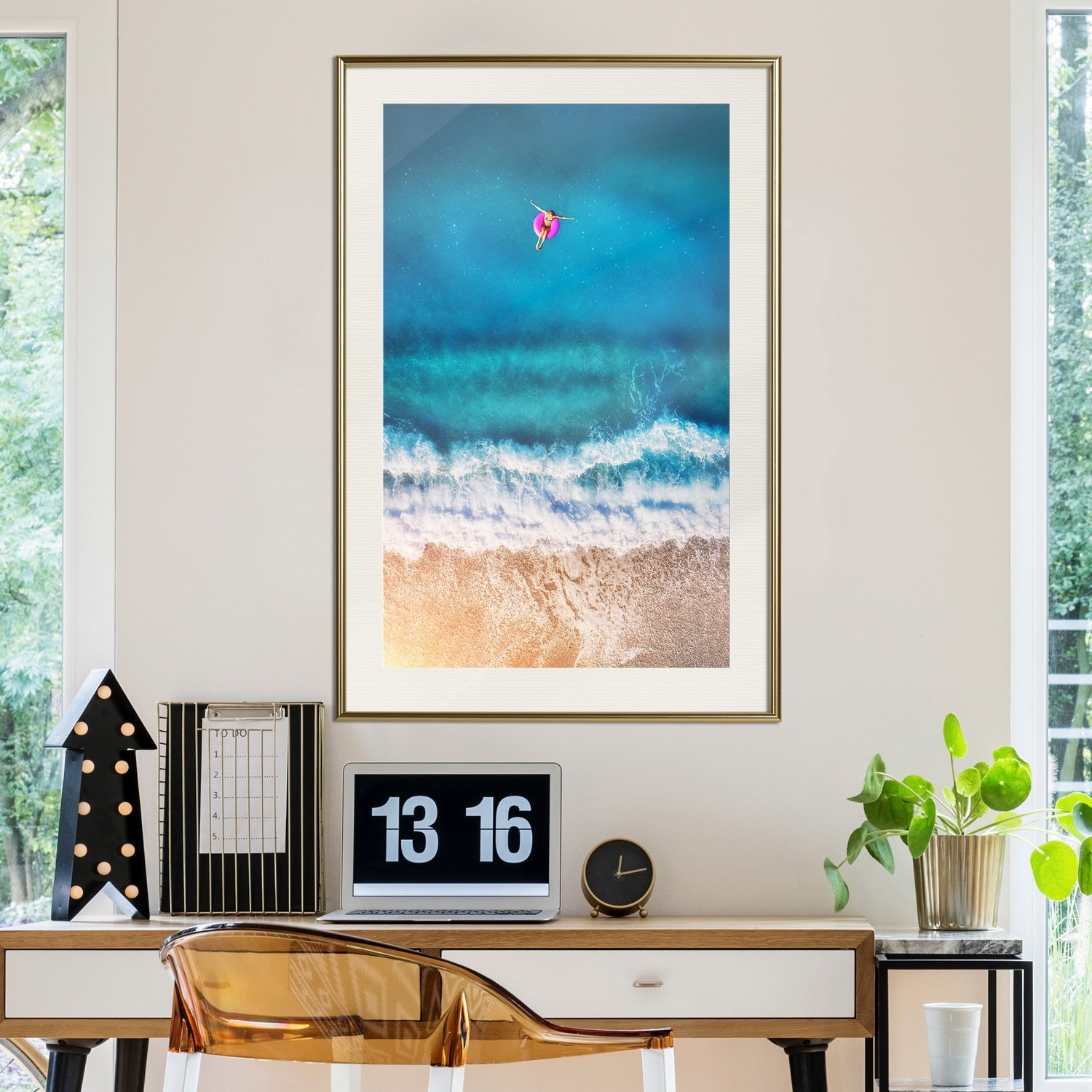 Affisch - Swimming In The Sea [Poster] 30x45 Guld ram med passepartout, 30x45 cm