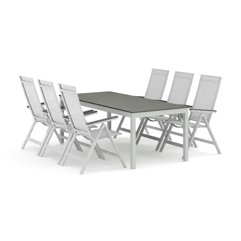 Trädgårdsgrupp Comfort Garden Tunis utomhus matgrupp förlängningsbart 205/305x90 cm med 6 Monaco Light positionsstolar