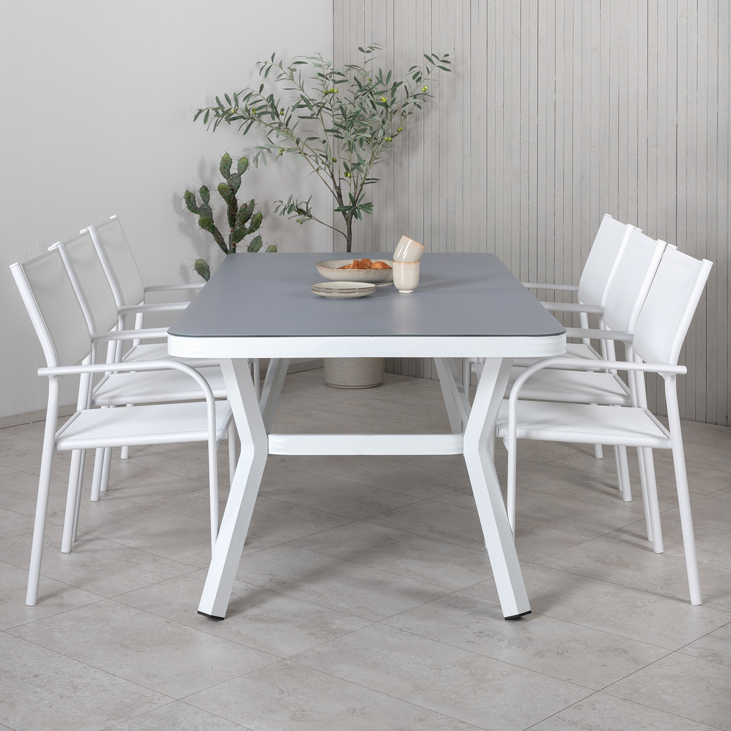 Matgrupp Venture Home Virya 160x90 med 6 Santorini Stapelstolar