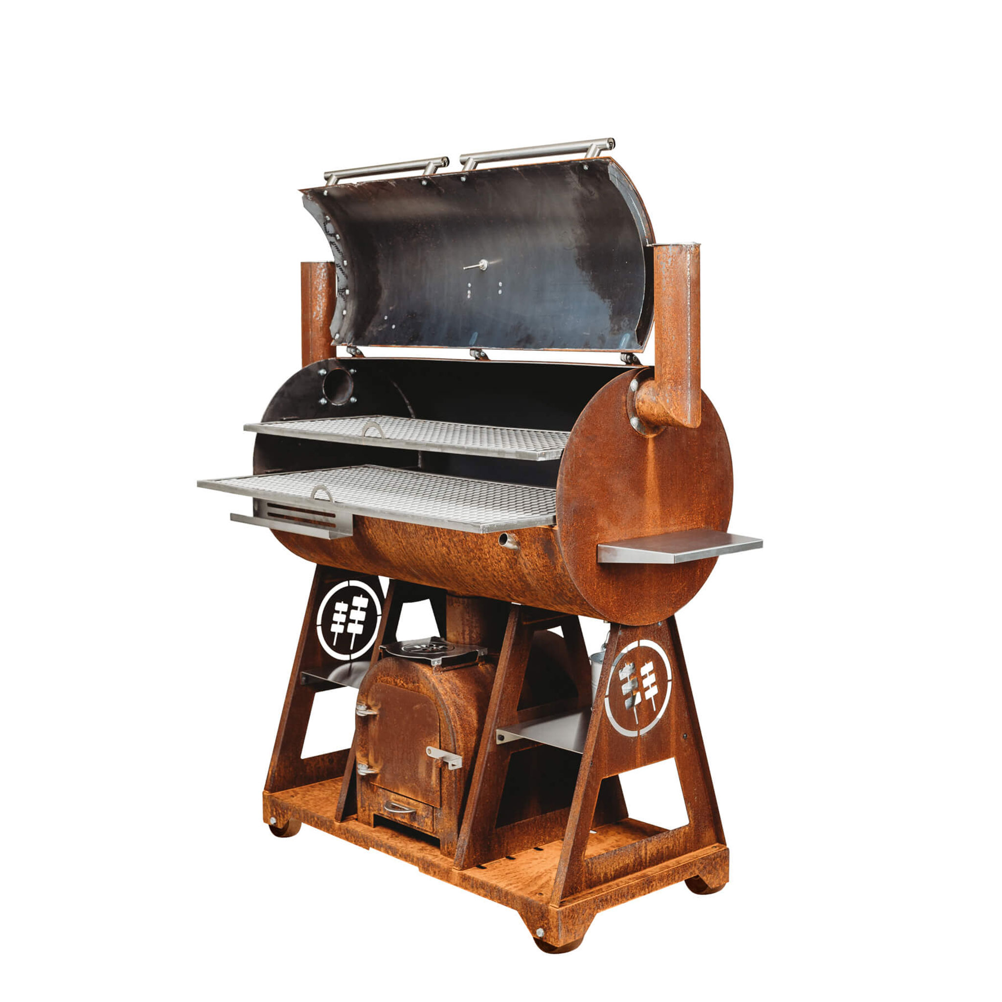 Rökgrill GrillSymbol Smoky Beast XL i Cortenstål med Dubbla Skorstenar & Inbyggda Hyllor