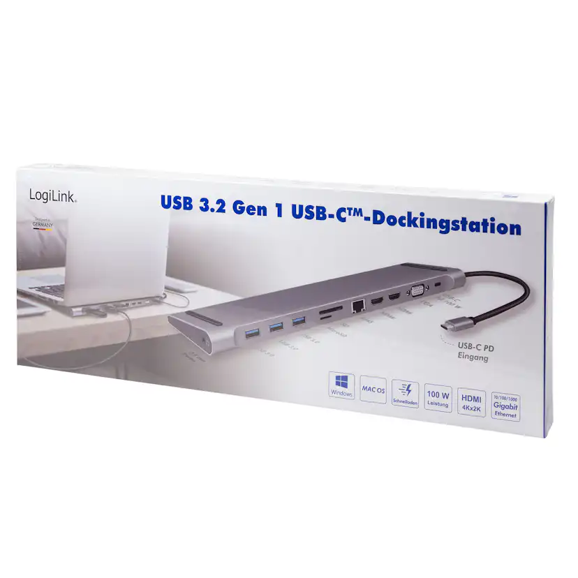 USB-C-docka LogiLink 11-i-1 HDMI/VGA/RJ45/USB-C 100W