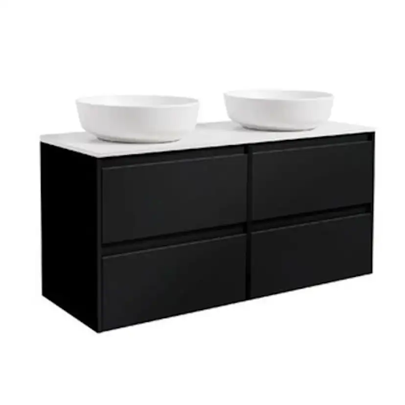Lux 120Sv. Bs Vit+2Ts Rundvit Färg Tvättställsskåpet: Matt Svart, Färg Bänkskiva: Vit, Färg Tvättställ: Vit - B: 1210 mm, H: 737 mm, D: 470 mm