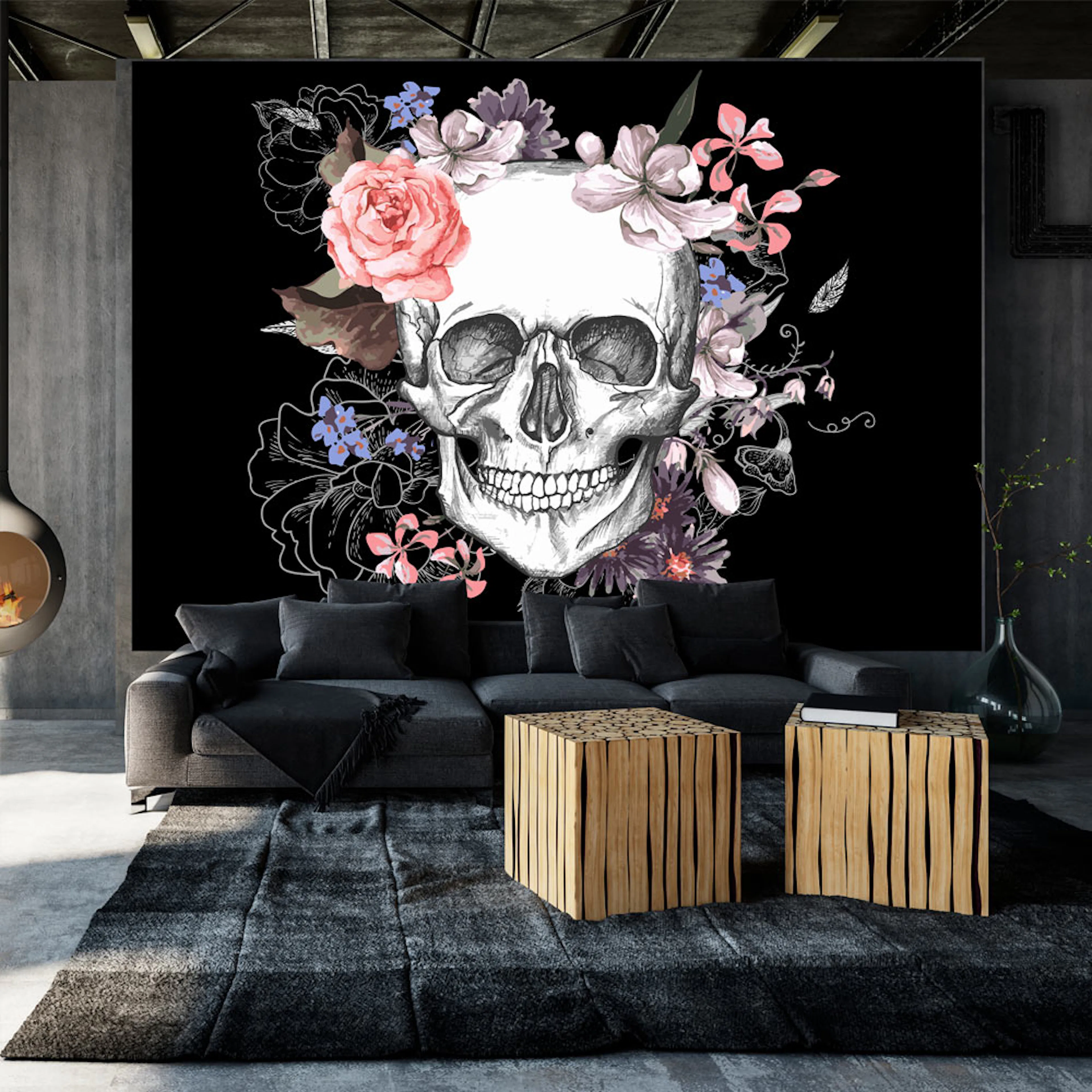 Fototapet Arkiio Självhäftande Skull And Flowers