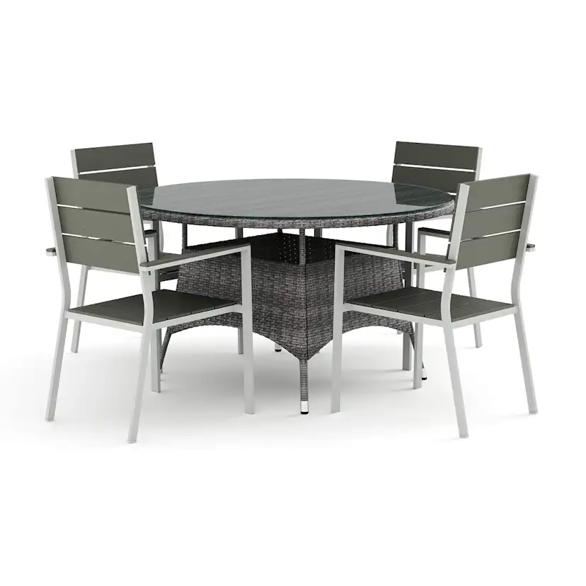 Trädgårdsgrupp Comfort Garden Thor utomhus rund matgrupp 140 cm med 4 Tunis stapelstolar