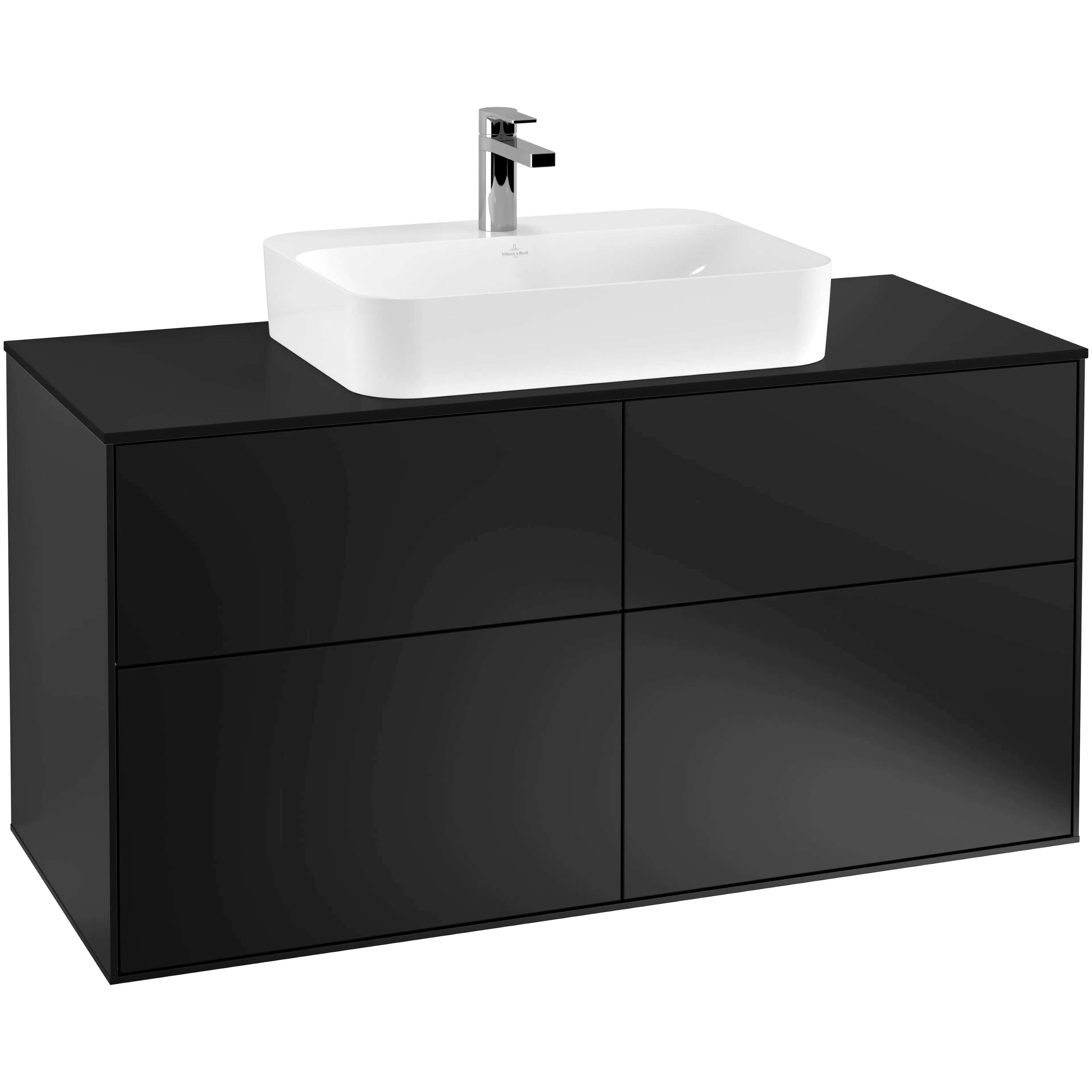Tvättställsskåp Villeroy & Boch Finion G38200PD Svart Mattlack, B: 1200 mm med bänkskiva i Mattsvart glas med Väggbelysning