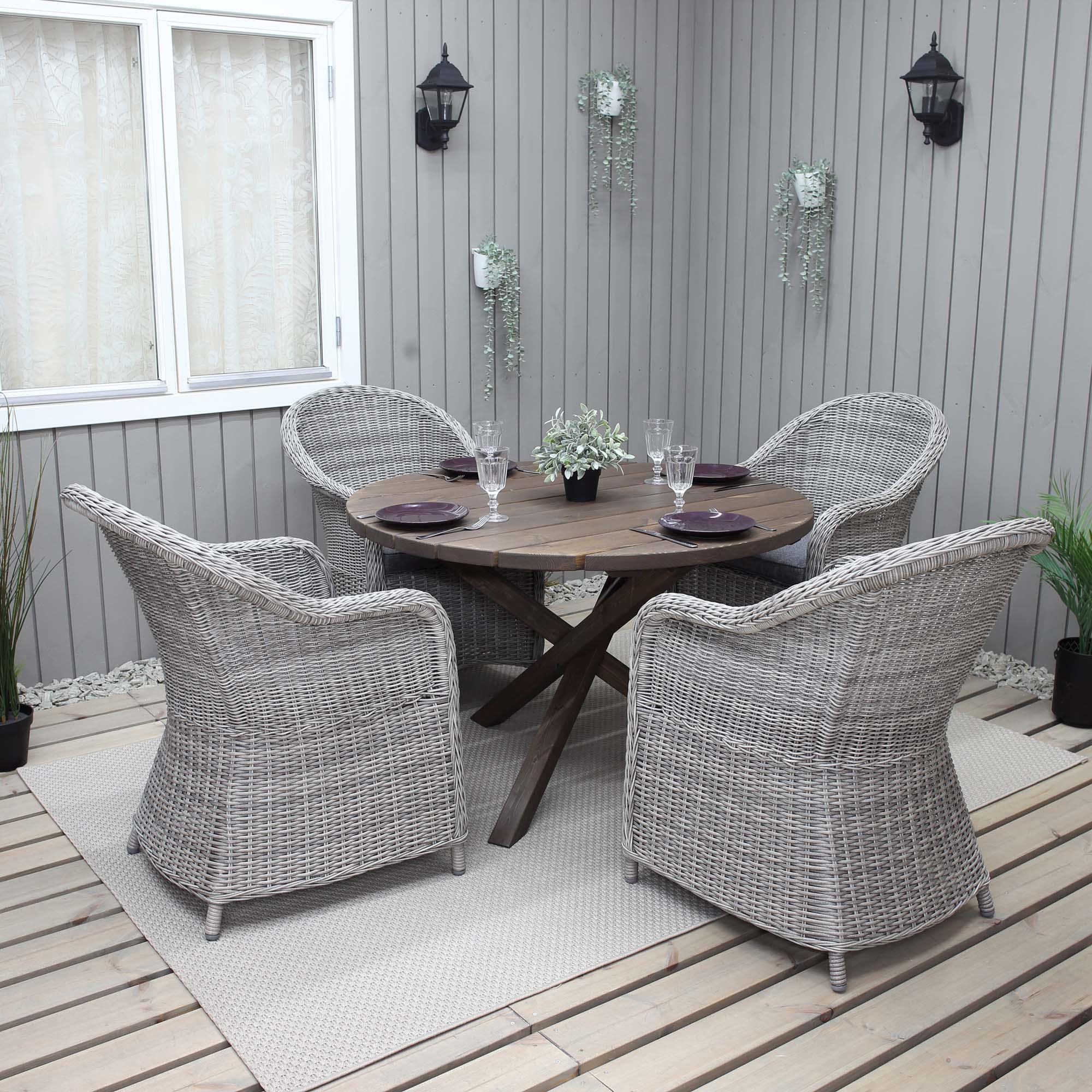 Matgrupp Utomhus Baltic Garden Ø 112 cm bord & 4 Belize grå stolar