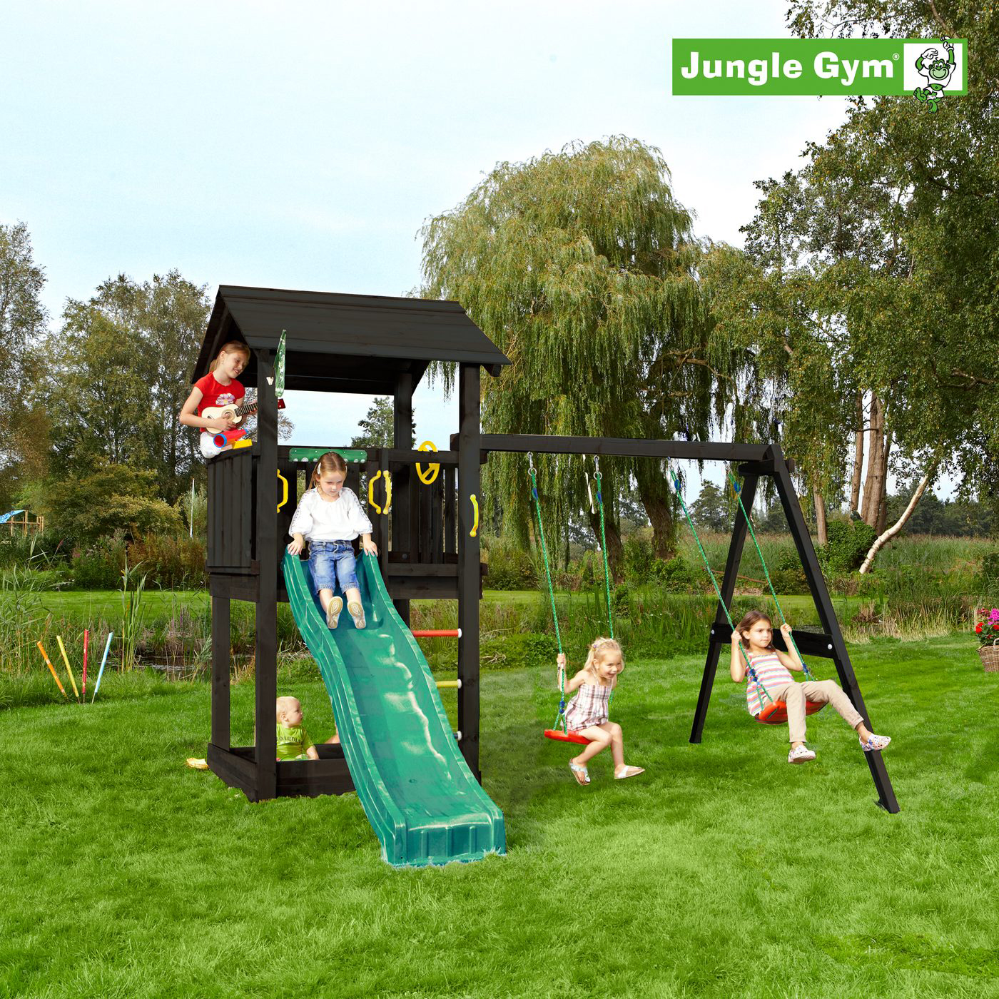 Lektorn Jungle Gym Casa inkl. swing module xtra och rutschkana, grundmålat svart