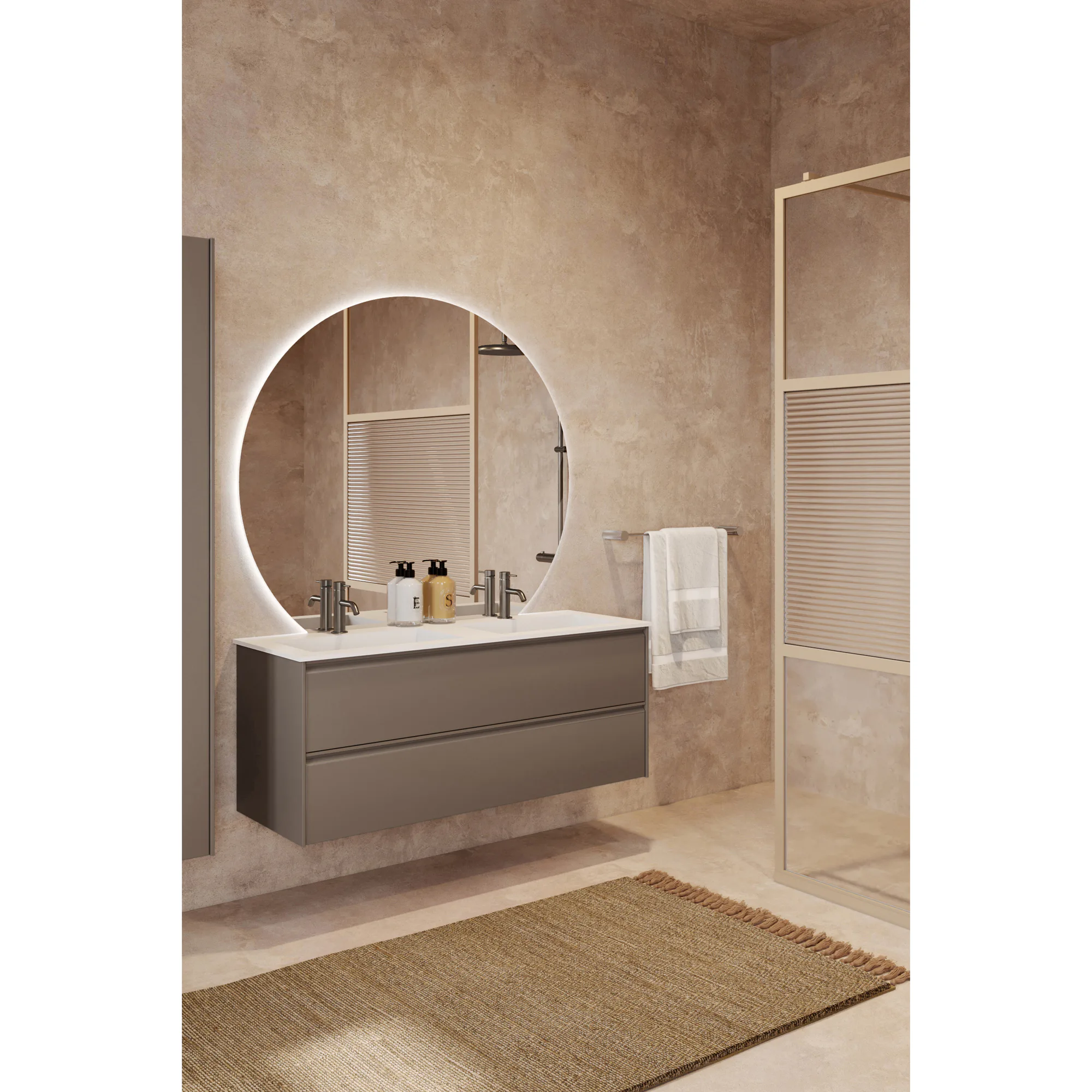 Tvättställsskåp Hietakari Luna L05 med Dubbla Tvättställ i Corian,Matt Beige,, 1210x510x460