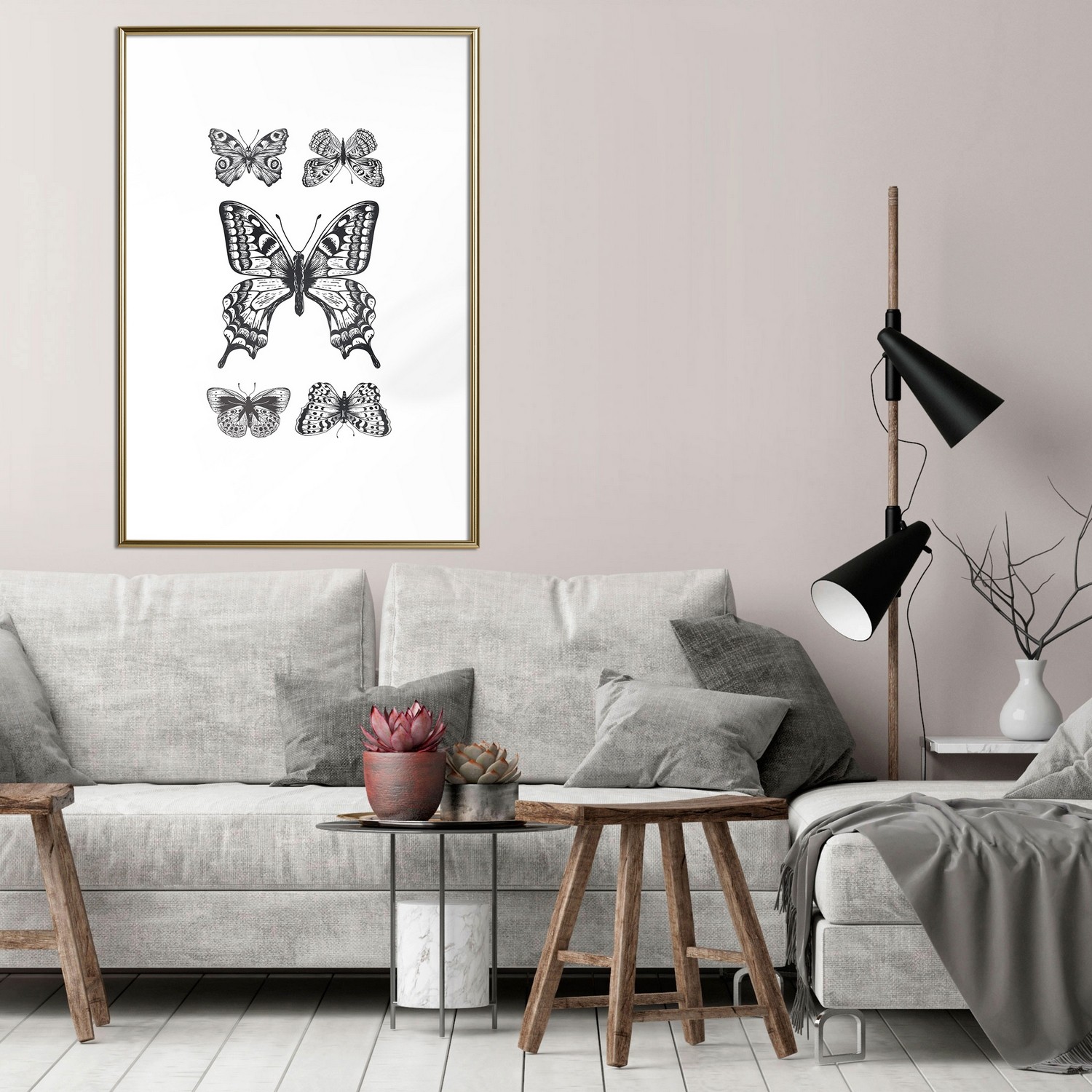 Affisch - Five Butterflies [Poster] 40x60 Guld ram, 40x60 cm