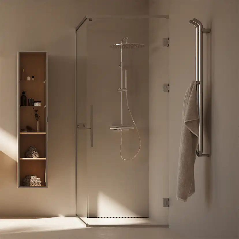 Langfoss Duschhörna Rak/Fast 90x82x230 Alu matt/Kristall Hyll BxDxH: 900 x 820 x 2300 mm, Profil: Matt Aluminium, Kristallglas