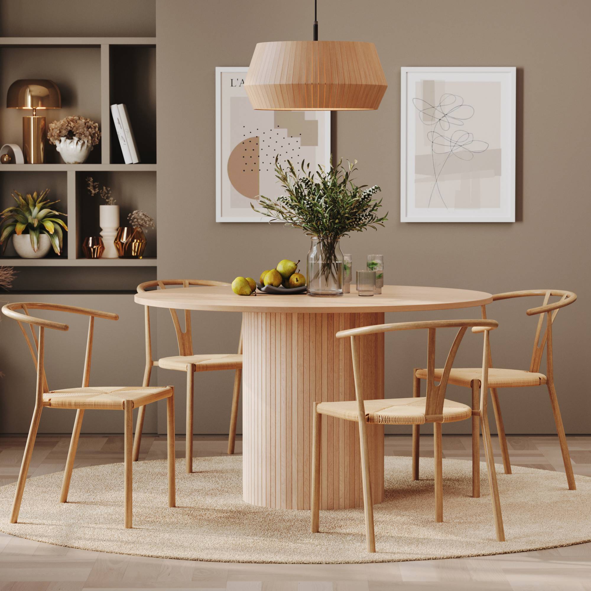 Matgrupp Bark Kopparbo Runt Matbord 130 cm med 4 Matstol Elysia Brun