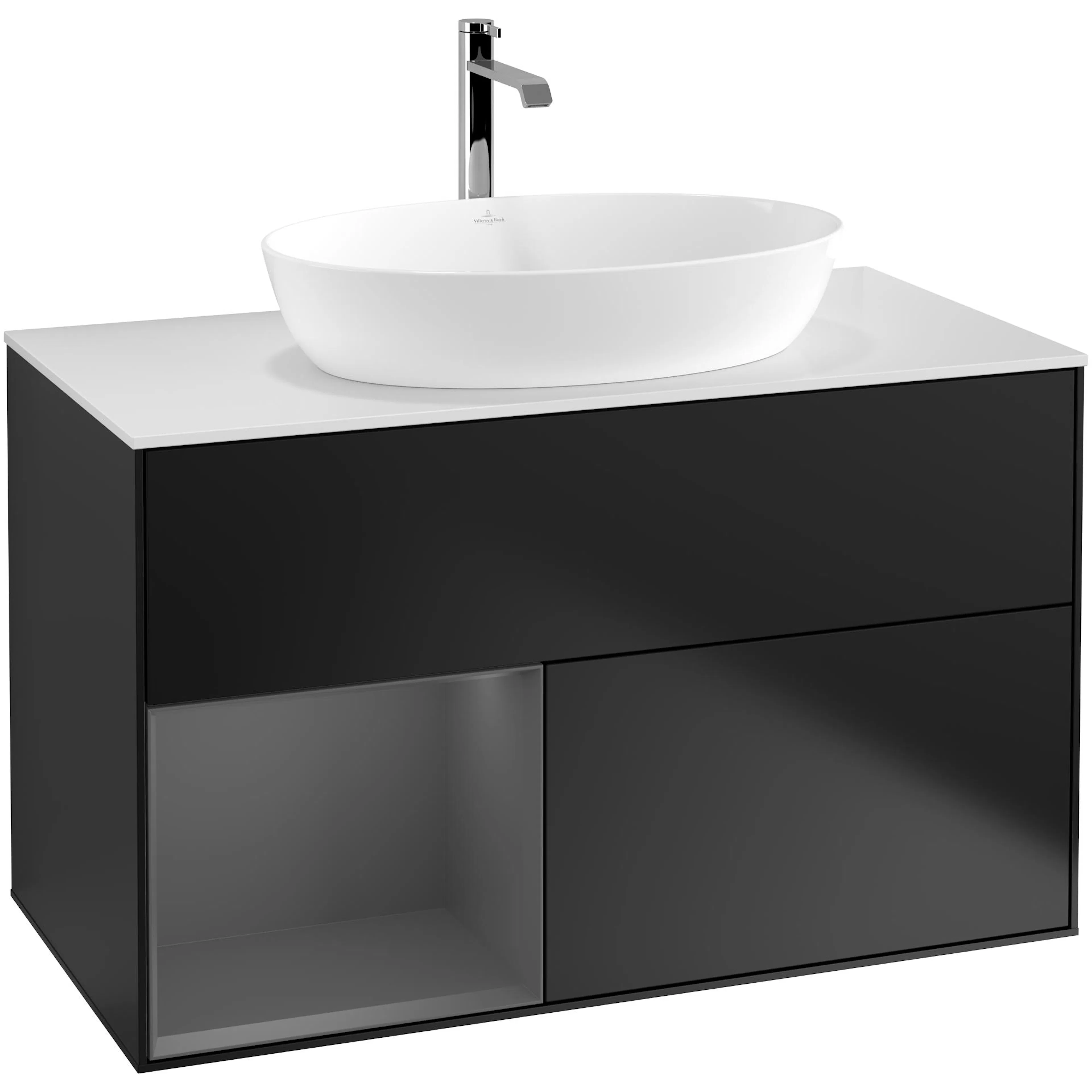Tvättställsskåp Villeroy & Boch Finion G771GKPD Svart Mattlack/Antracitgrå Mattlack med bänkskiva i Mattvitt glas med Väggbelysning, Lucka Vänster Med Blandarhål