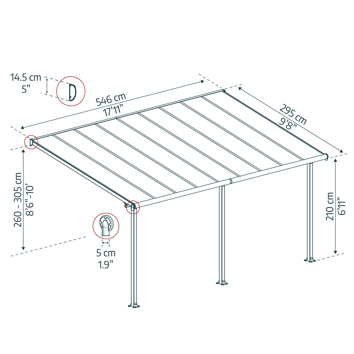 OLYMPIA PATIO COVER 3X5.46 GREY CLEAR 3 x 5,5 m