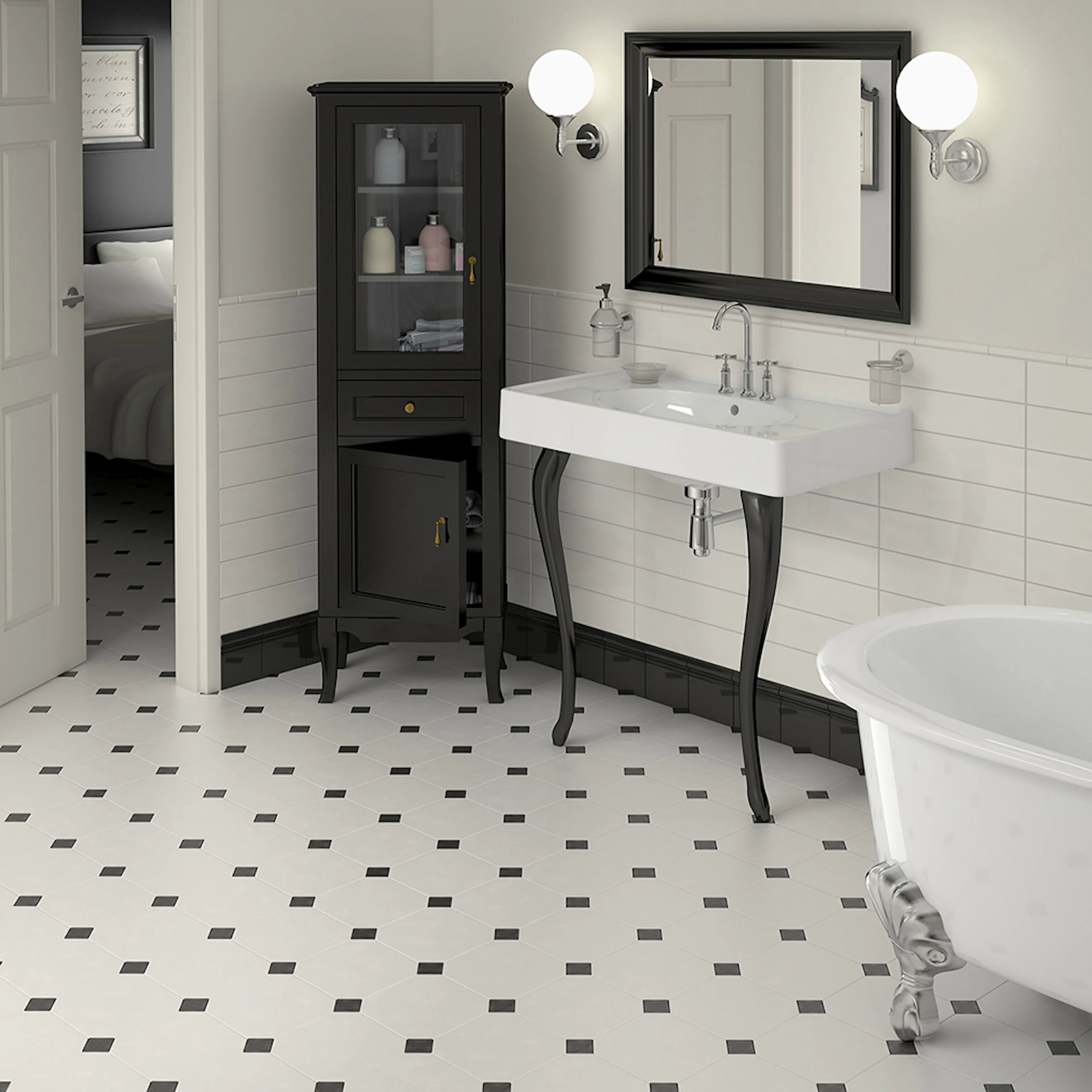 Provbit Klinker Octagon Blanco Mate 200x200 + Taco Negro Matt 46x46