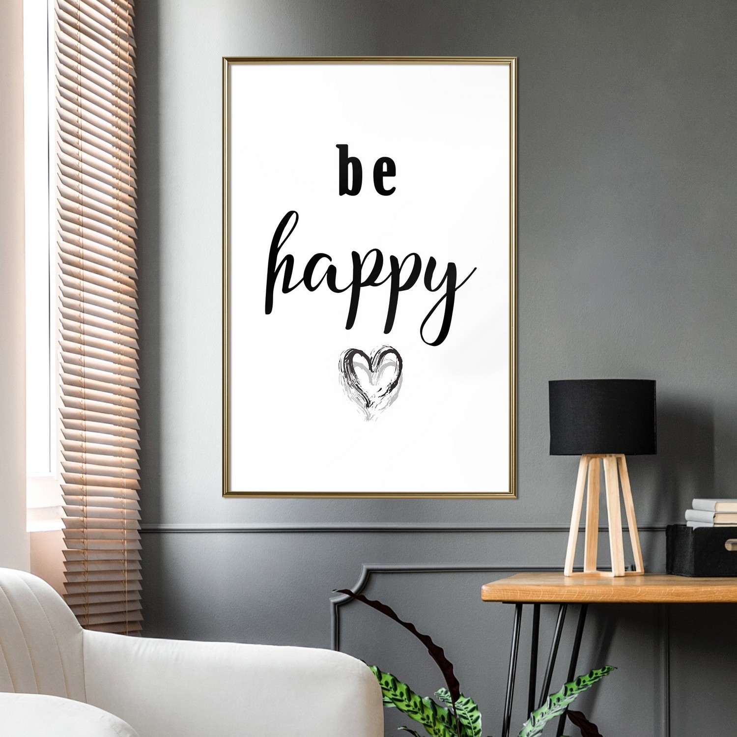 Affisch - Be Happy [Poster] 20x30 Guld ram, 20x30 cm