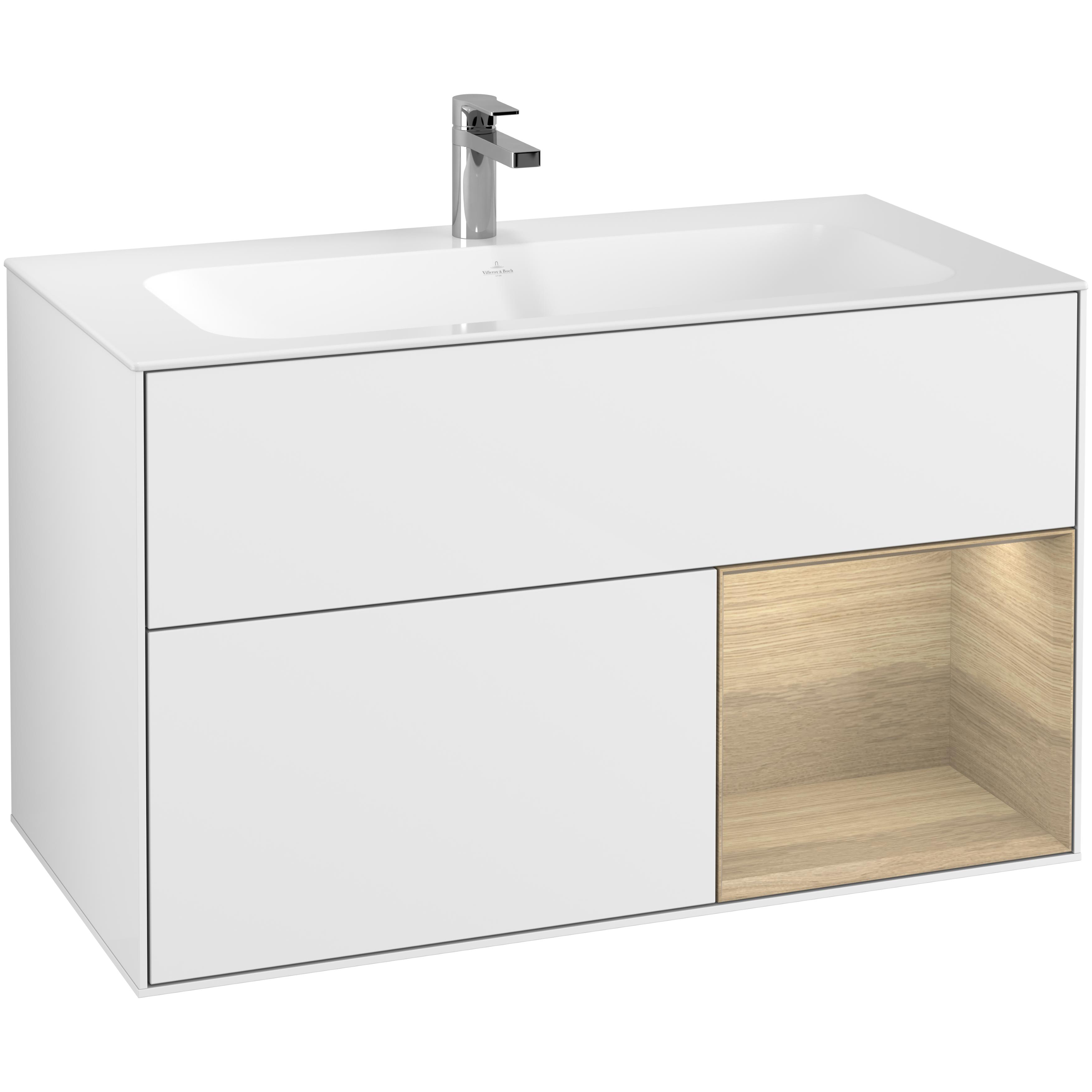 Tvättställsskåp Villeroy & Boch Finion F040PCGF Vit Högblank/Ekfanér, Lucka Höger