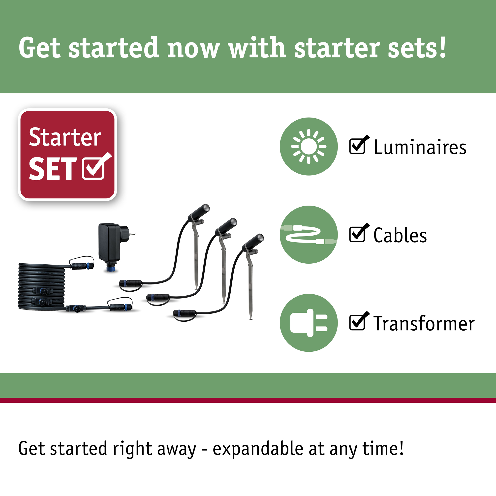Spotlight Paulmann Plantini Plug & Shine LED IP65 24V 3-pack med Kabel och Transformator