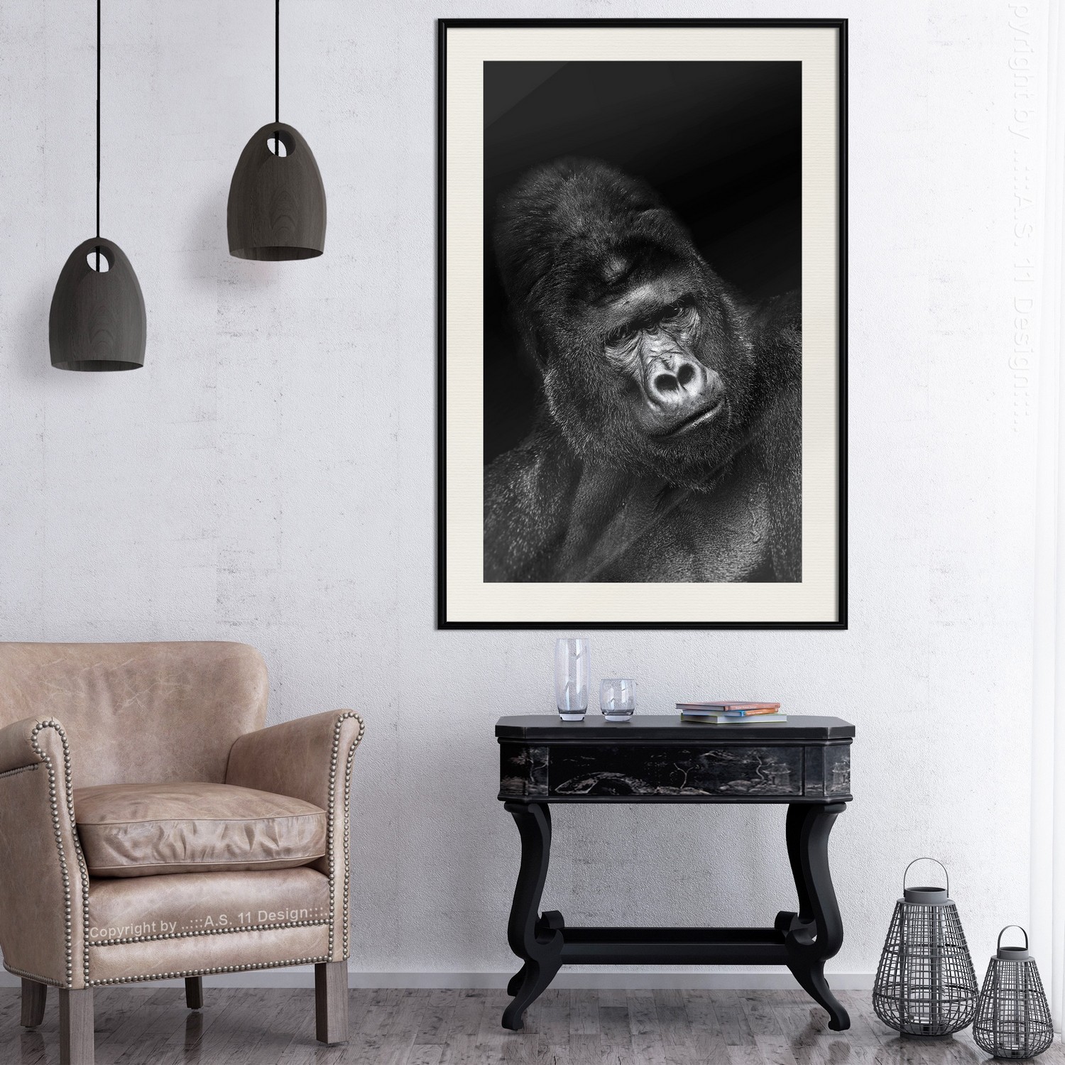 Affisch - Gorilla [Poster] 40x60 Svart ram med passepartout, 40x60 cm