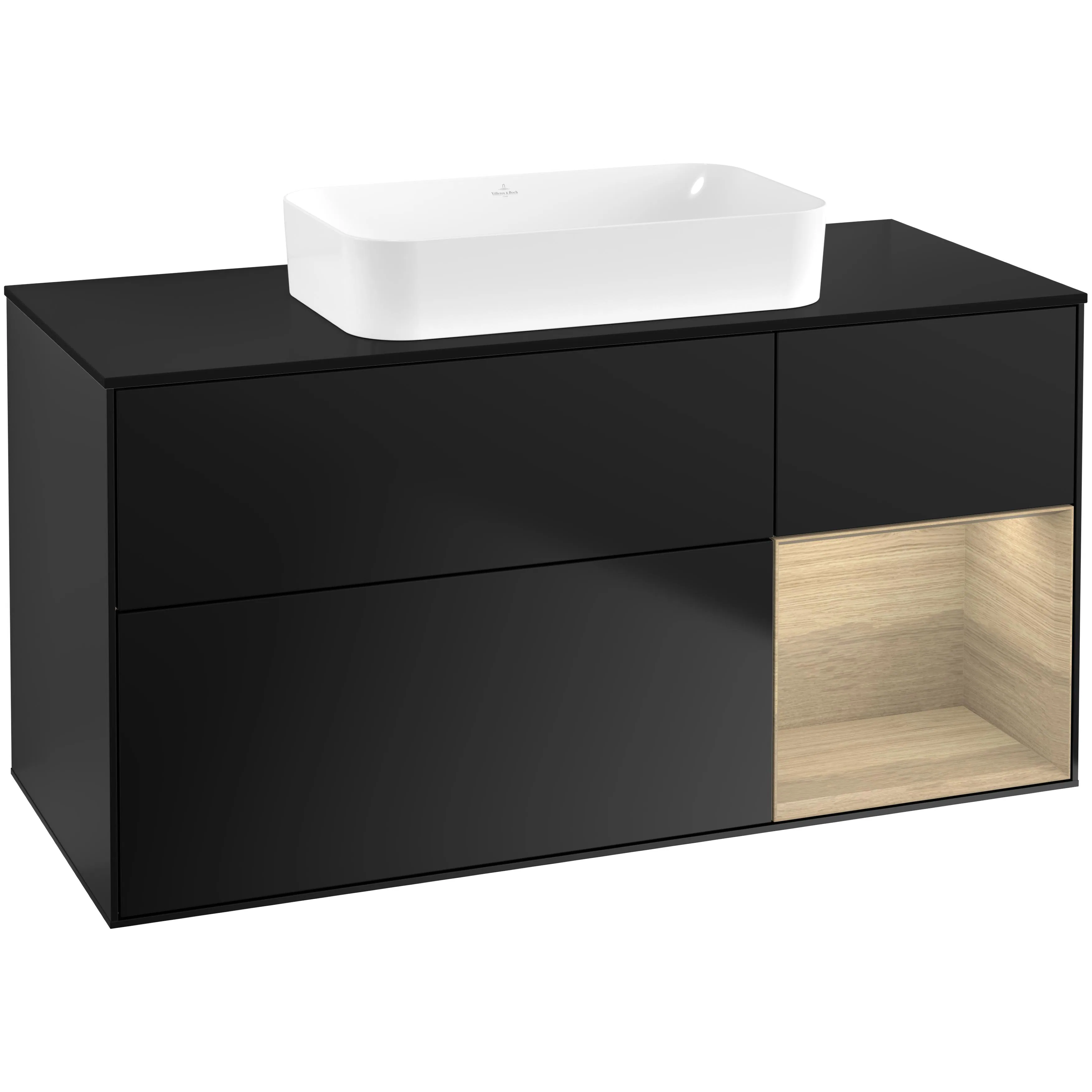 Tvättställsskåp Villeroy & Boch Finion F712PCPD Svart Mattlack/Ekfanér med bänkskiva i Mattsvart glas, Lucka Höger utan Blandarhål