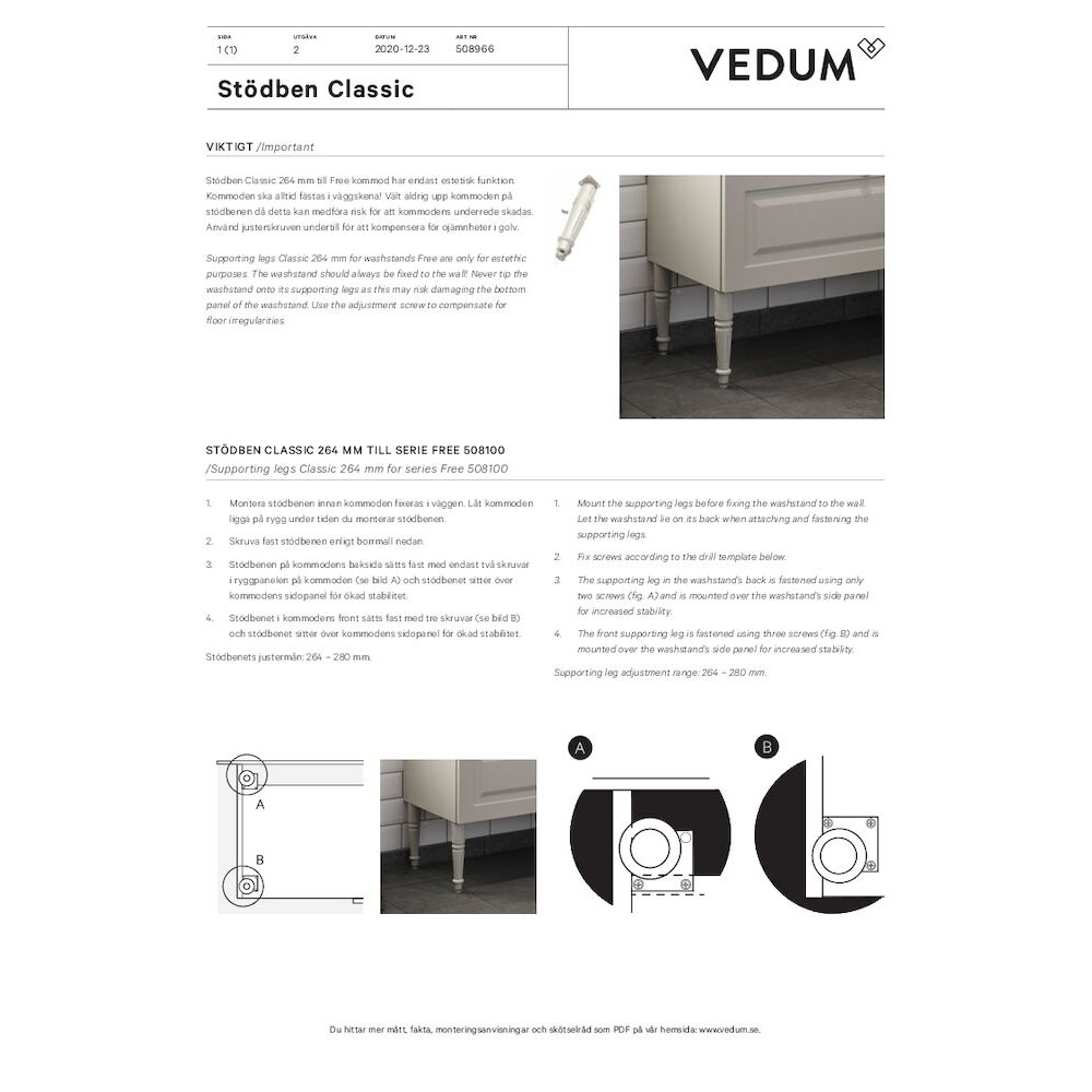 Stödben Vedum Classic Vit 264 mm Vit