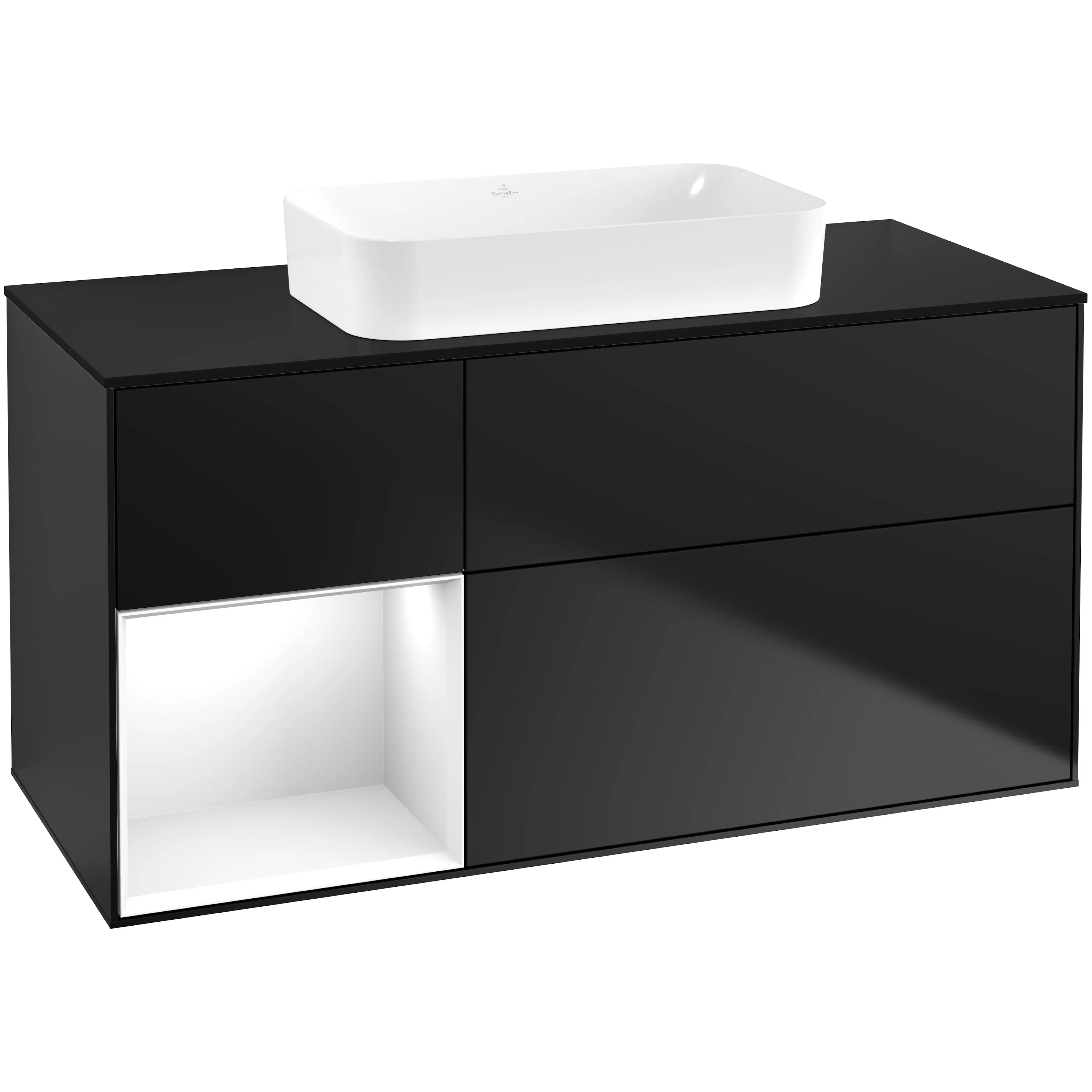 Tvättställsskåp Villeroy & Boch Finion F702GFPD Svart Mattlack/Vit Högblank med bänkskiva i Mattsvart glas, Lucka Vänster utan Blandarhål