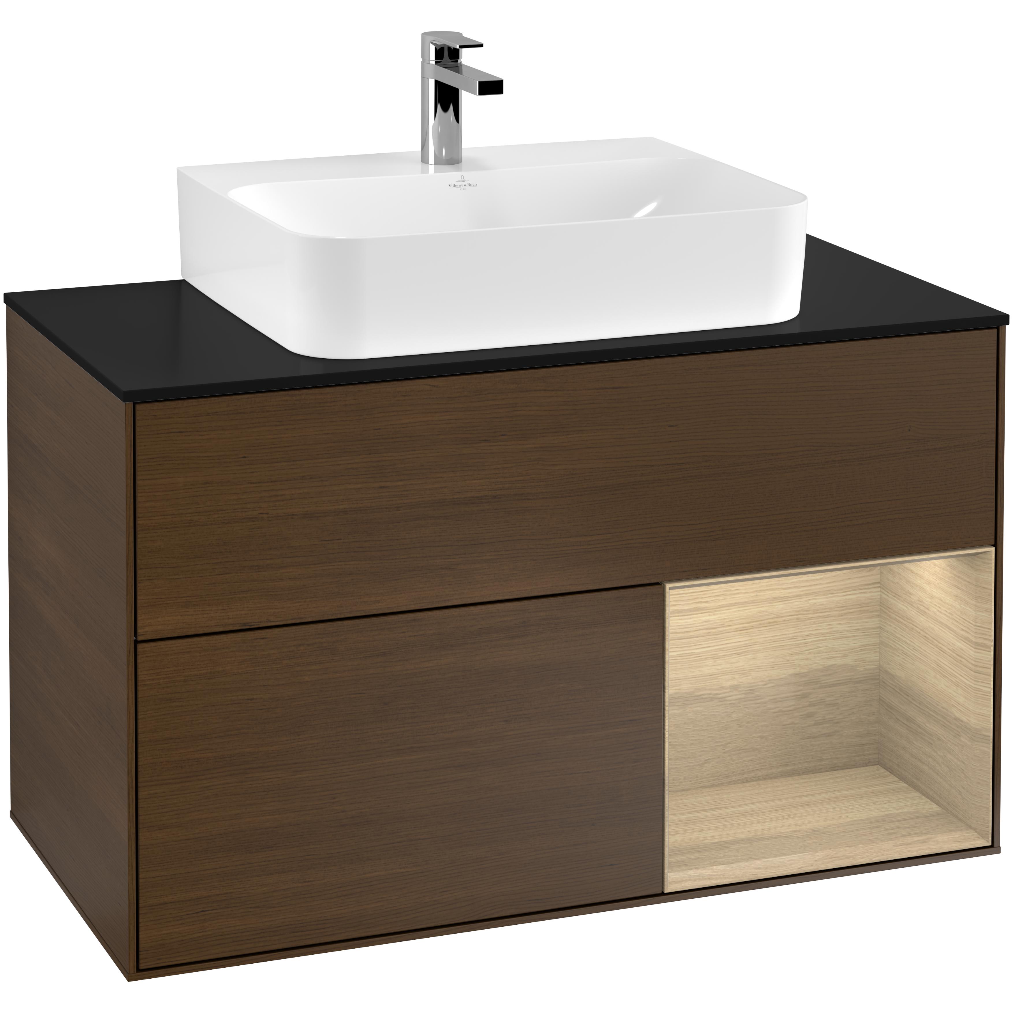 Tvättställsskåp Villeroy & Boch Finion F122PCGN Valnötsfanér/Ekfanér med bänkskiva i Mattsvart glas, Lucka Höger