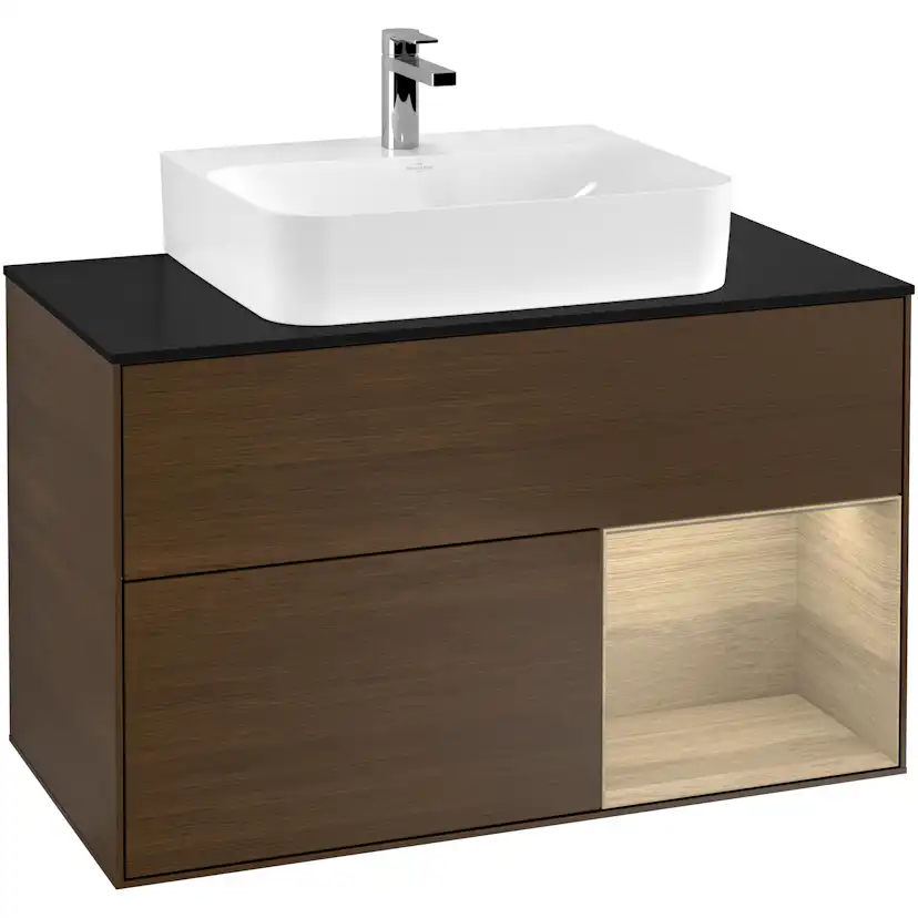 Tvättställsskåp Villeroy & Boch Finion F122PCGN Valnötsfanér/Ekfanér med bänkskiva i Mattsvart glas, Lucka Höger