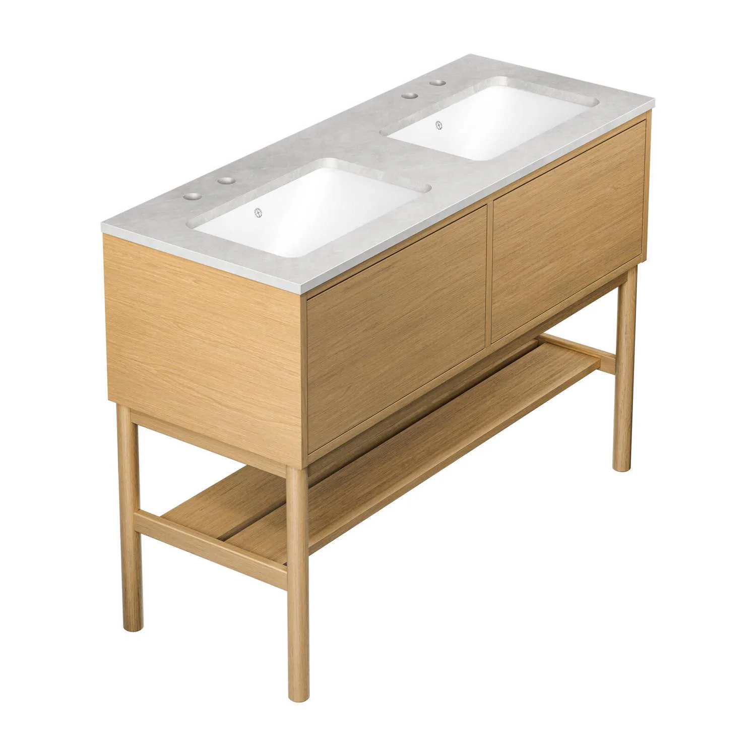 Kommod Ducentic Ljus ek - 120 cm. Stenbänkskiva med 2 hoar, Ljus Ek, Hål för 2 st Dubbelhålsblandare, Polar Grå