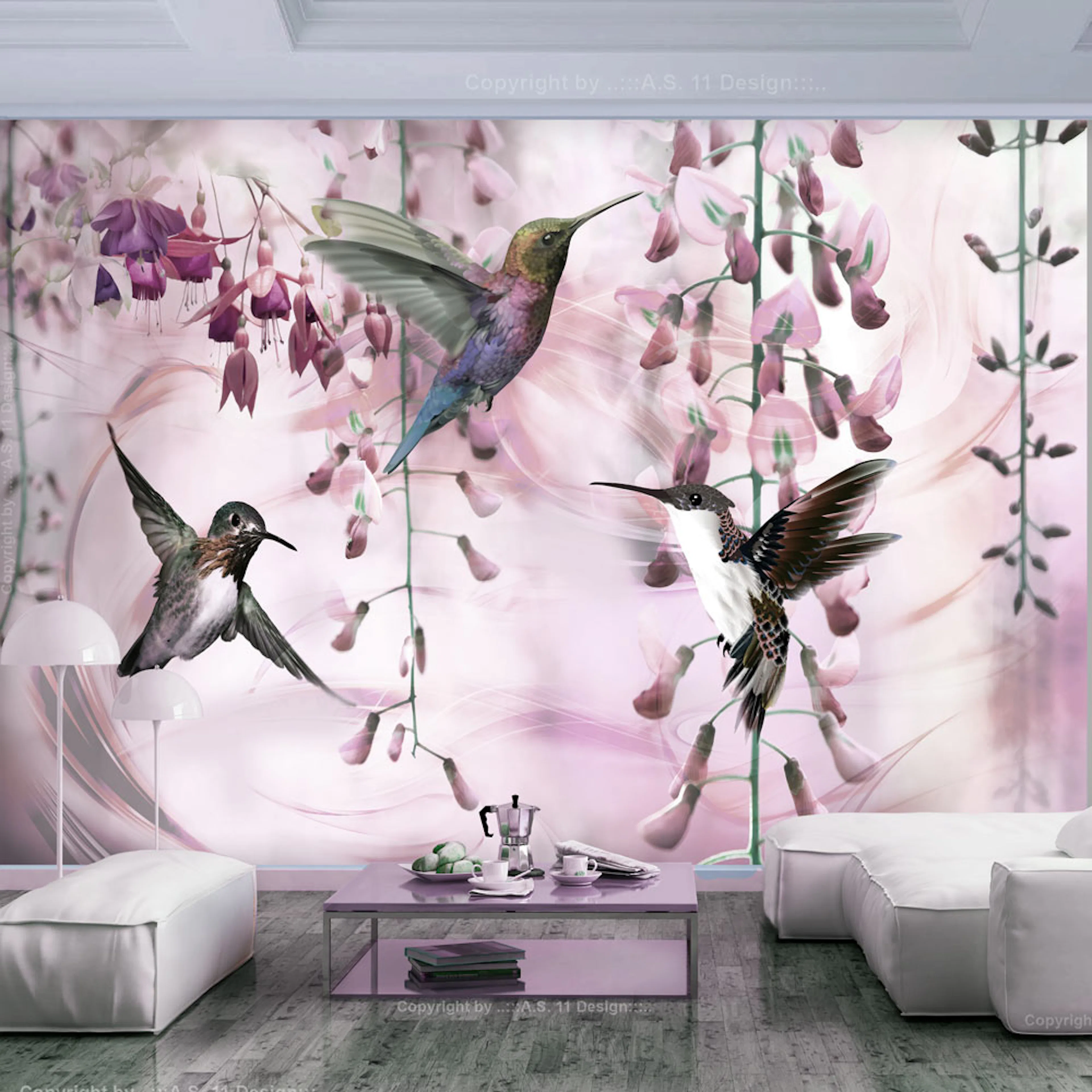 Fototapet Arkiio Självhäftande Flying Hummingbirds Pink