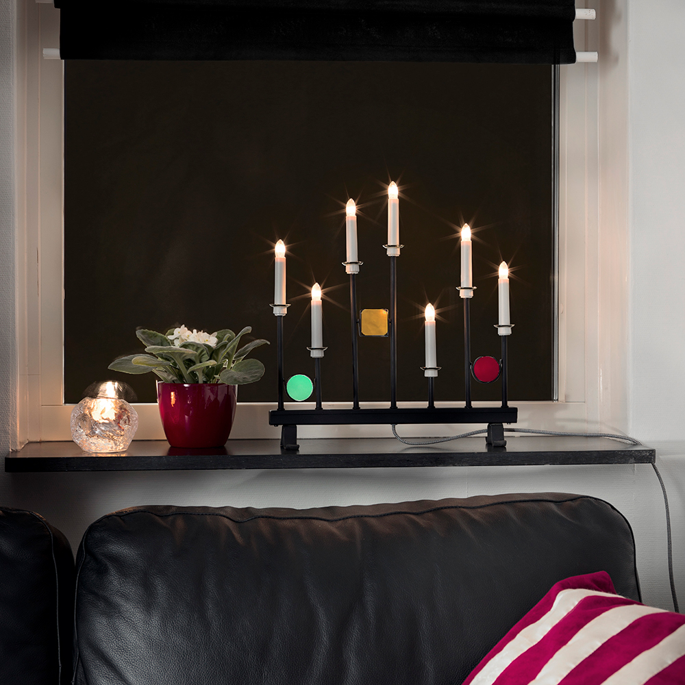 Elljusstake 7 ljus svart metall glas dekorationer 24V/IP20 Grön/Röd