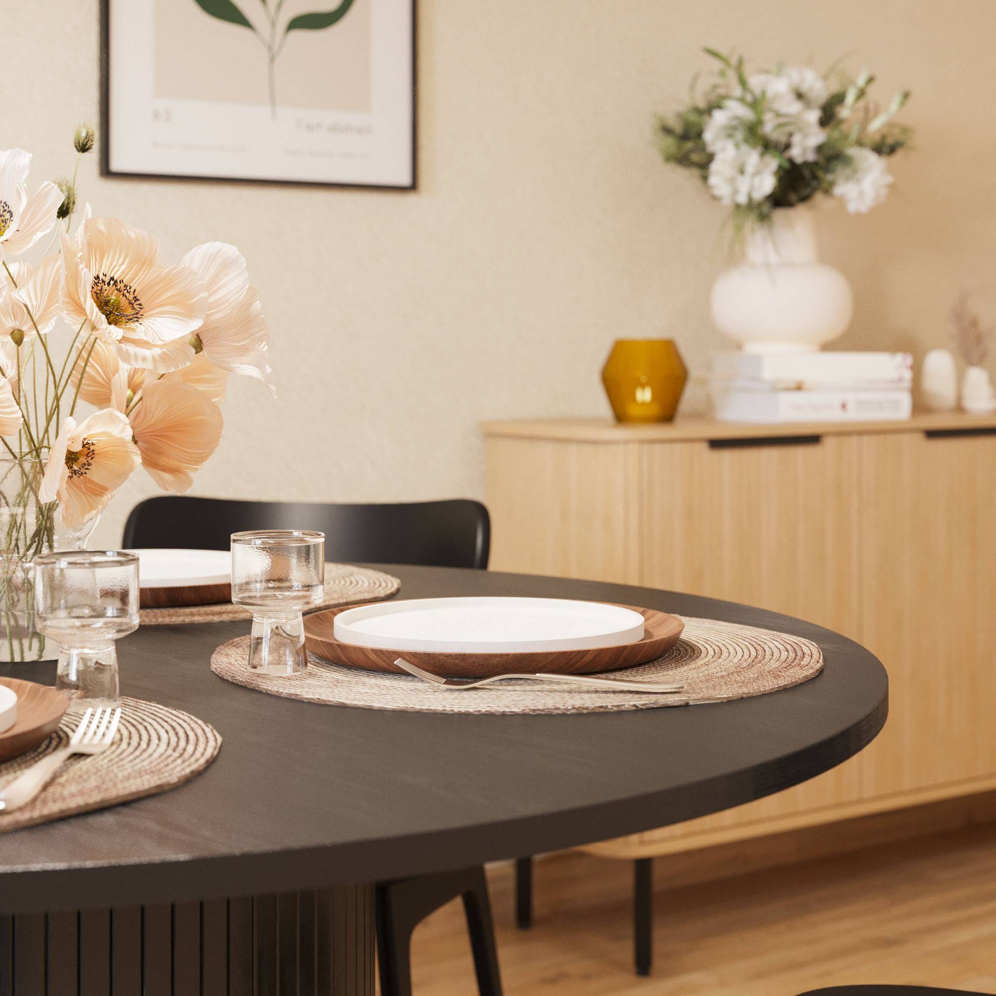 Matgrupp Bark Kopparbo Runt Matbord 130-180 cm Förlängningsbartt med 4Jerup Matstol