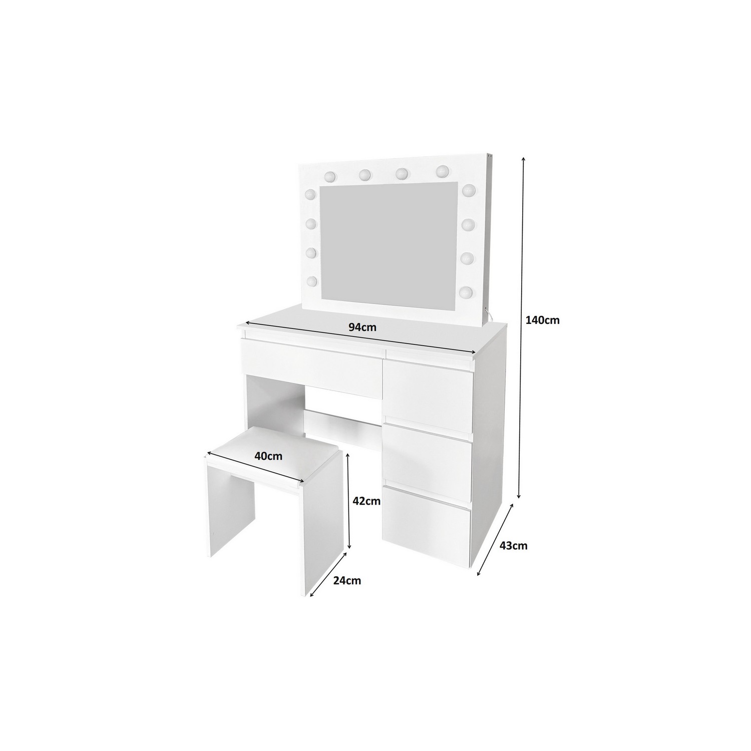 Sminkbord Scandinavian Choice Glow Komplett set med Spegel och Pall, LED-Belysning 94 cm