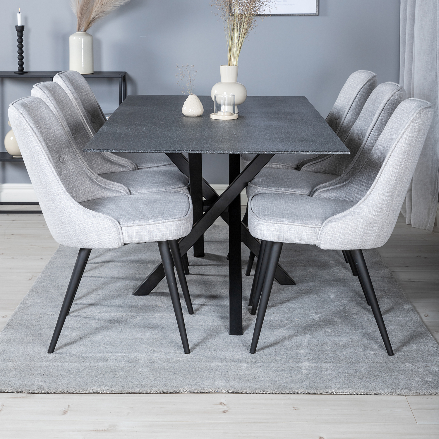 Piazza Dining Table 180x90 cm+Velvet Deluxe Dining Chair Grå/Svart/Ljusgrå