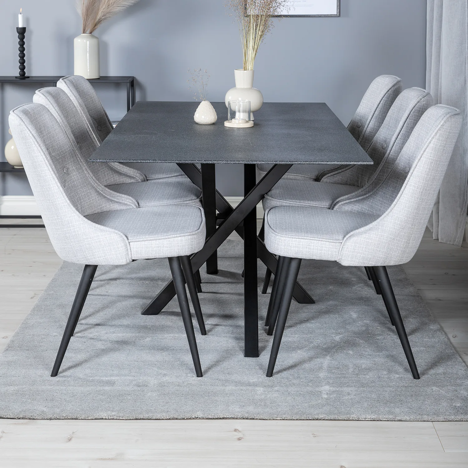 Matgrupp Venture Home Piata med 6 Vera Stolar Polyestertyg Grå/Svart/Ljusgrå