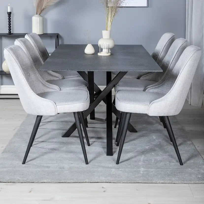 Piazza Dining Table 180x90 cm+Velvet Deluxe Dining Chair Grå/Svart/Ljusgrå