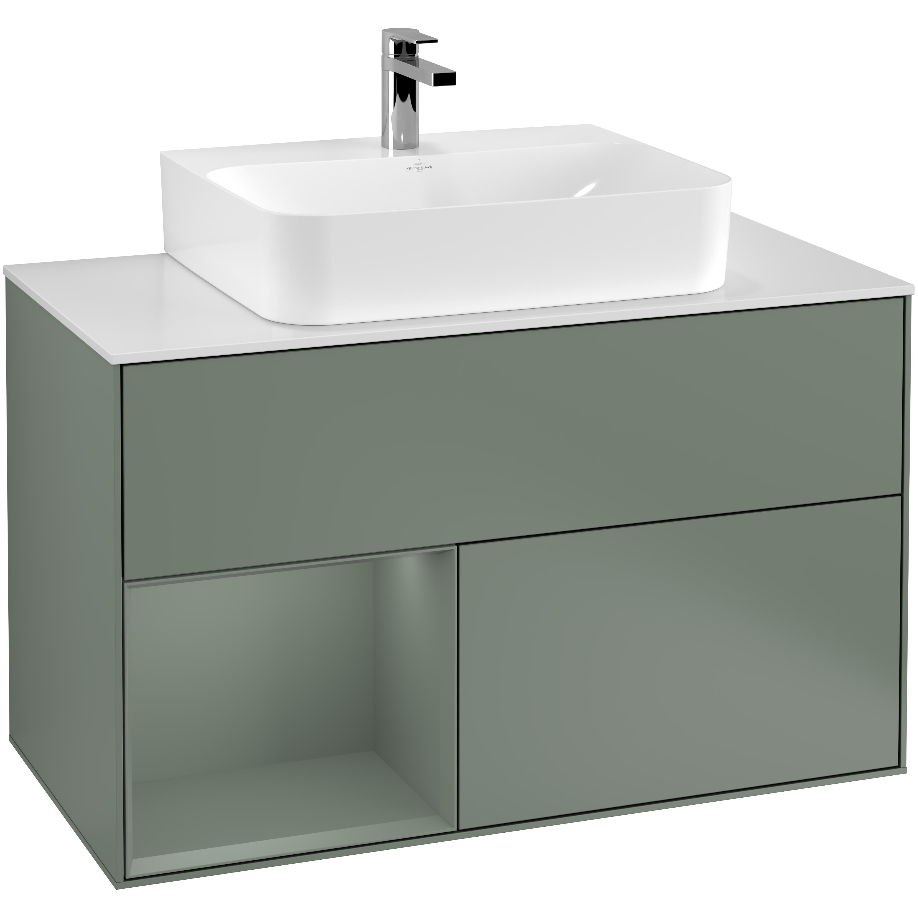 Tvättställsskåp Villeroy & Boch Finion G111GMGM Oliv Mattlack/Oliv Mattlack med bänkskiva i Mattvitt glas med Väggbelysning, Lucka Vänster
