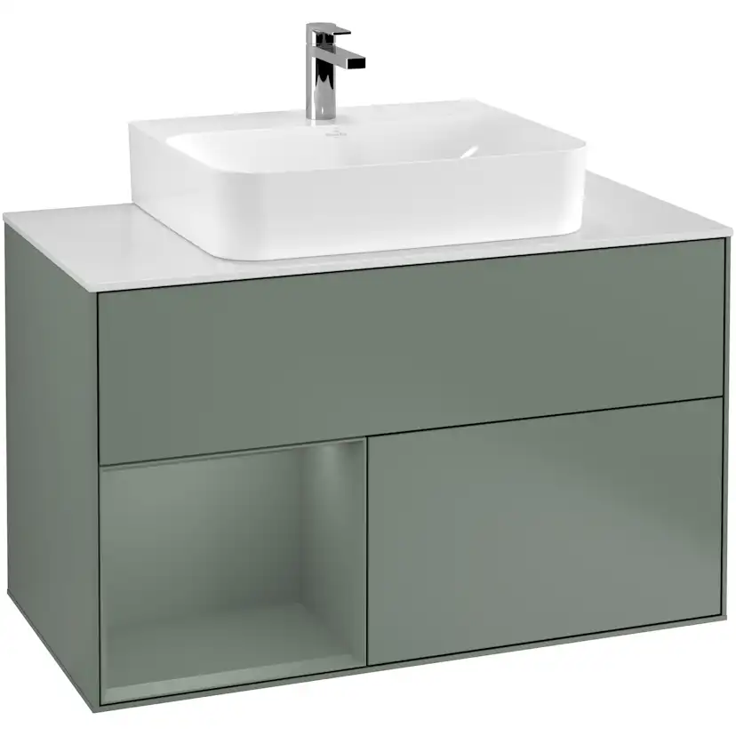 Tvättställsskåp Villeroy & Boch Finion G111GMGM Oliv Mattlack/Oliv Mattlack med bänkskiva i Mattvitt glas med Väggbelysning, Lucka Vänster