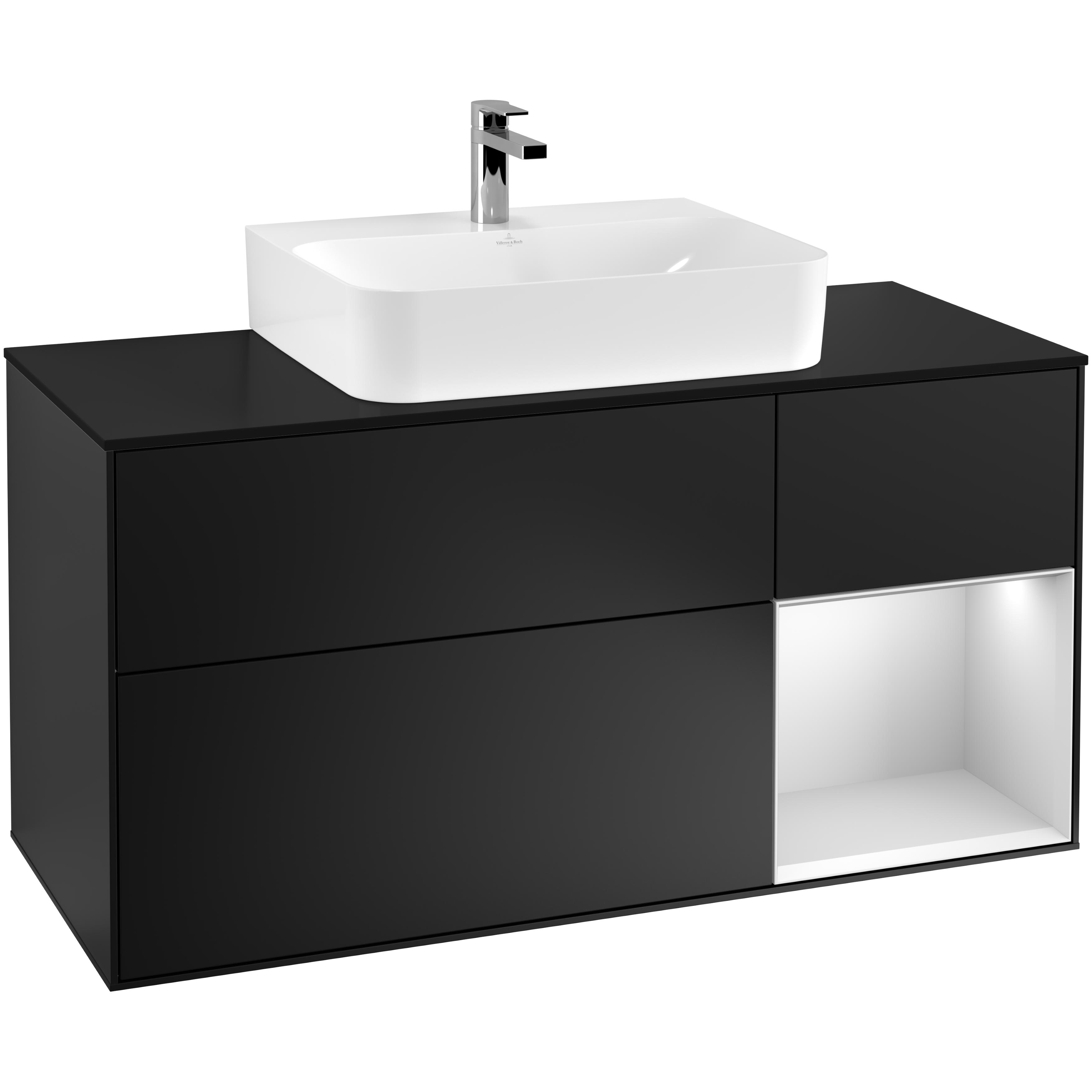 Tvättställsskåp Villeroy & Boch Finion F172MTPD Svart Mattlack/Vit Mattlack med bänkskiva i Mattsvart glas, Lucka Höger