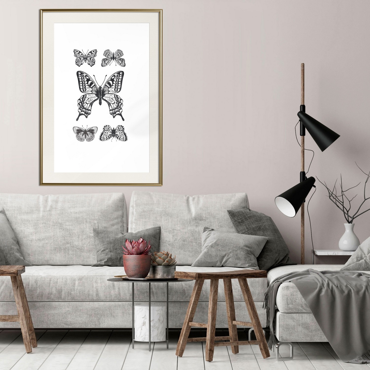 Affisch - Five Butterflies [Poster] 40x60 Guld ram med passepartout, 40x60 cm