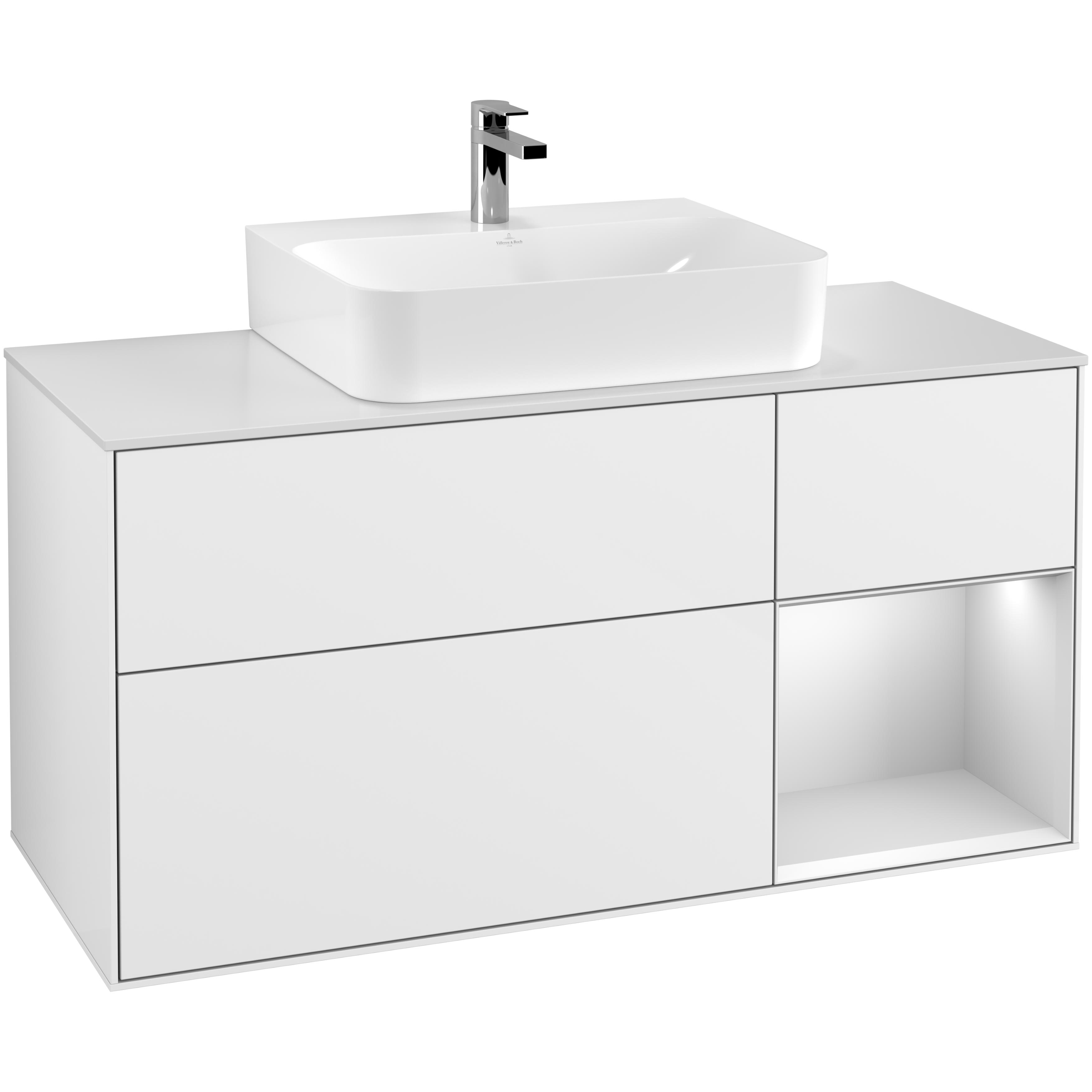 Tvättställsskåp Villeroy & Boch Finion F171MTGF Vit Högblank/Vit Mattlack med bänkskiva i Mattvitt glas, Lucka Höger