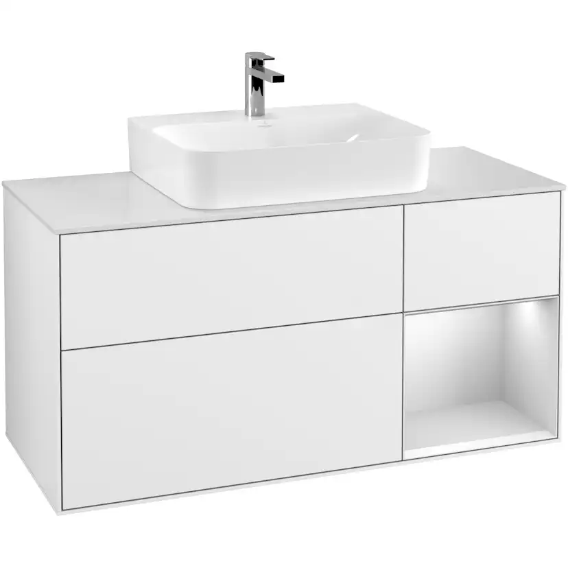 Tvättställsskåp Villeroy & Boch Finion F171MTGF Vit Högblank/Vit Mattlack med bänkskiva i Mattvitt glas, Lucka Höger